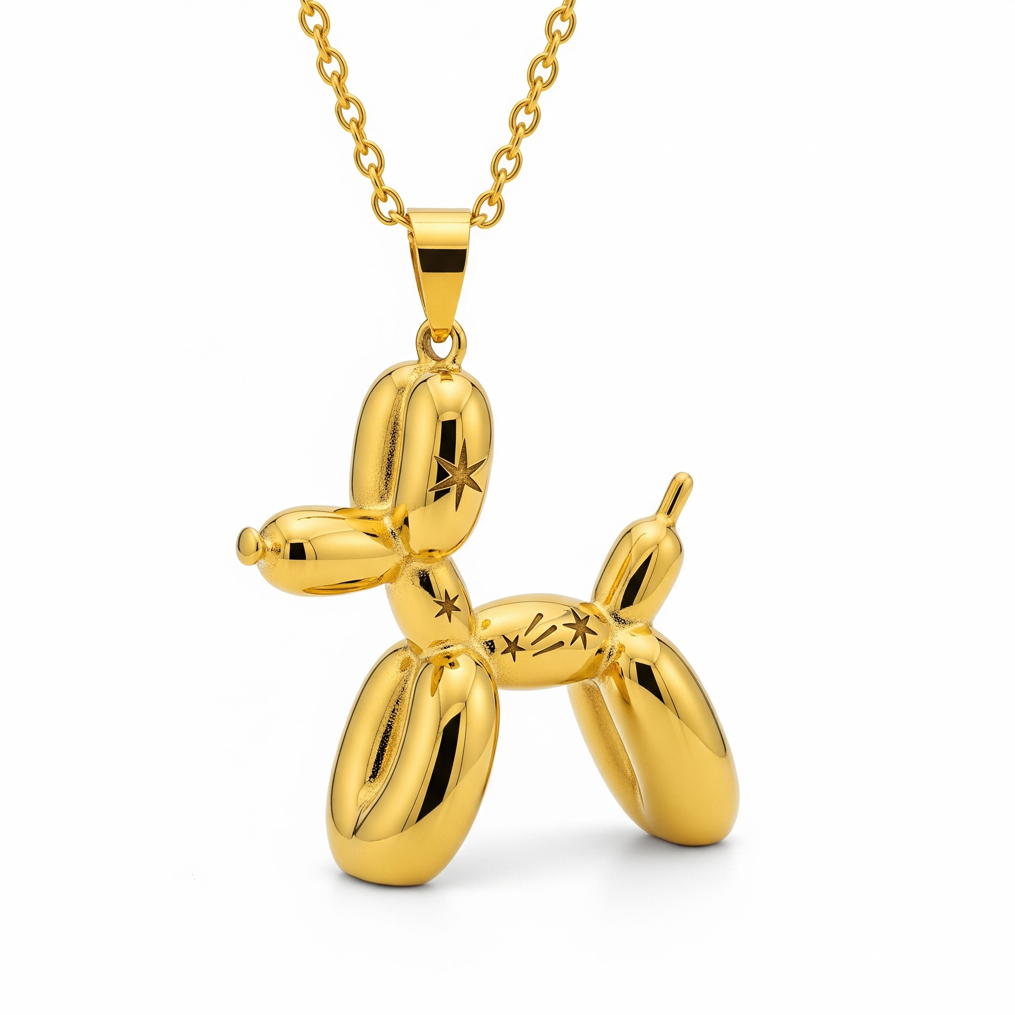 Charming Women's Gold 3D Balloon Dog Pendant Necklace with Star Engravings