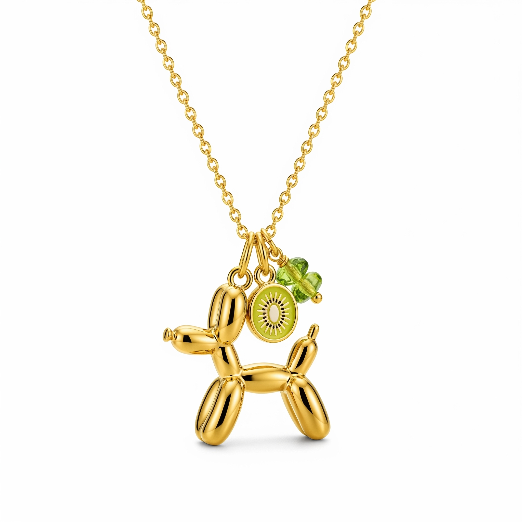 Adorable Women's Stainless Steel Charm 3D Balloon Dog Pendant Necklace with Kiwi and Green Gem Charms