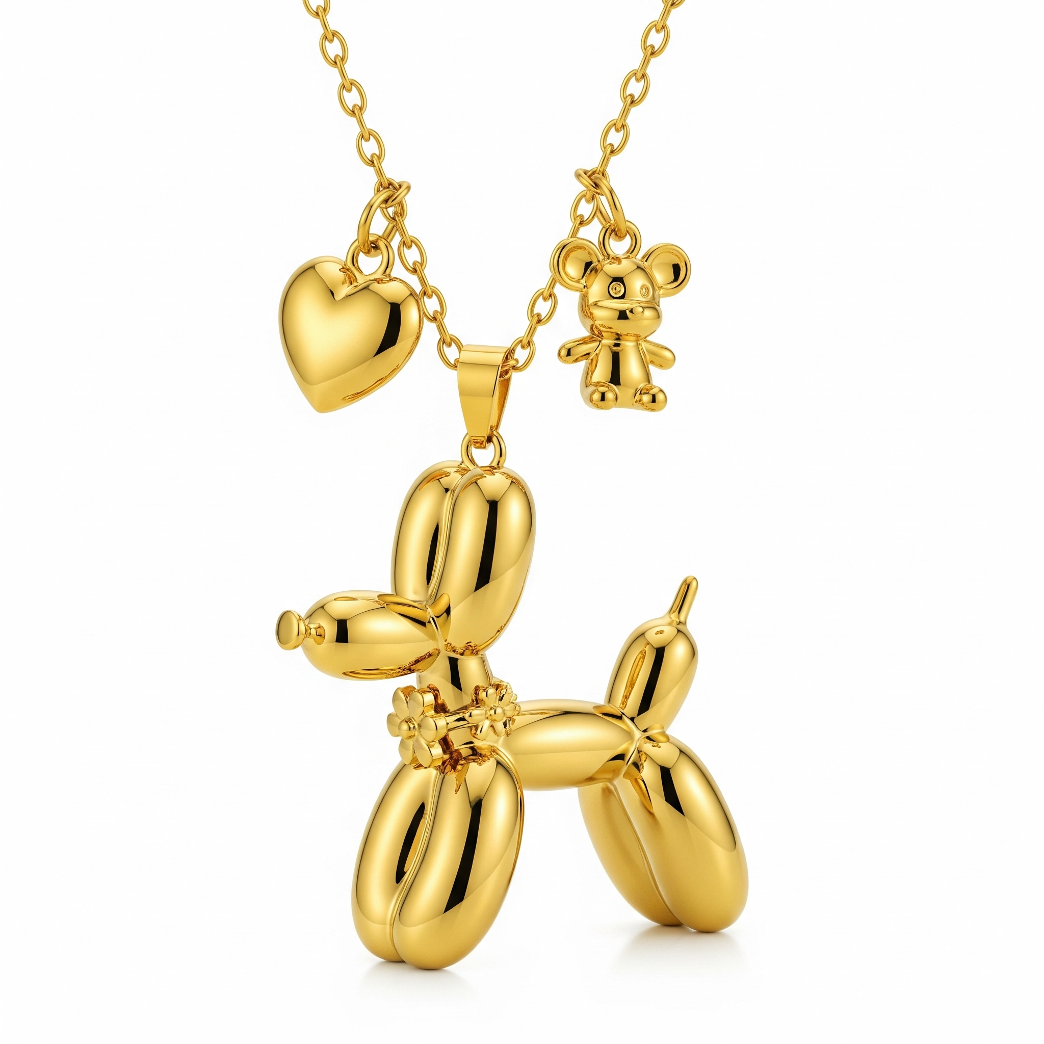 Adorable Women's Stainless Steel Charm 3D Balloon Dog Pendant Necklace with Heart and Bear Charms