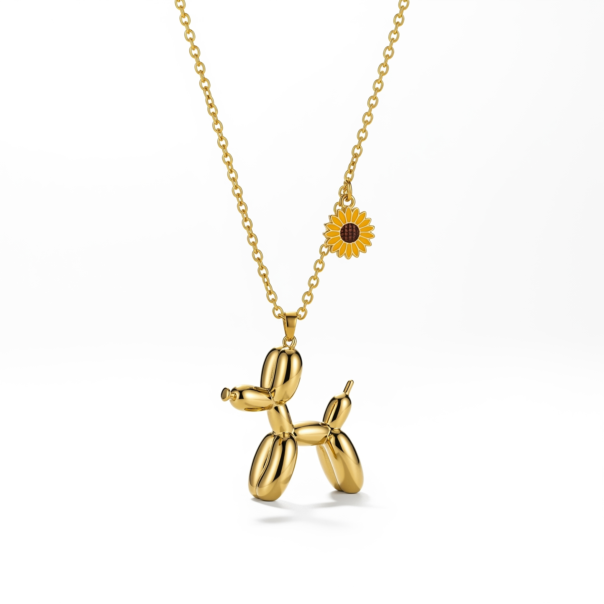 Adorable Women's Stainless Steel Charm 3D Balloon Dog Pendant Necklace with Sunflower Charm