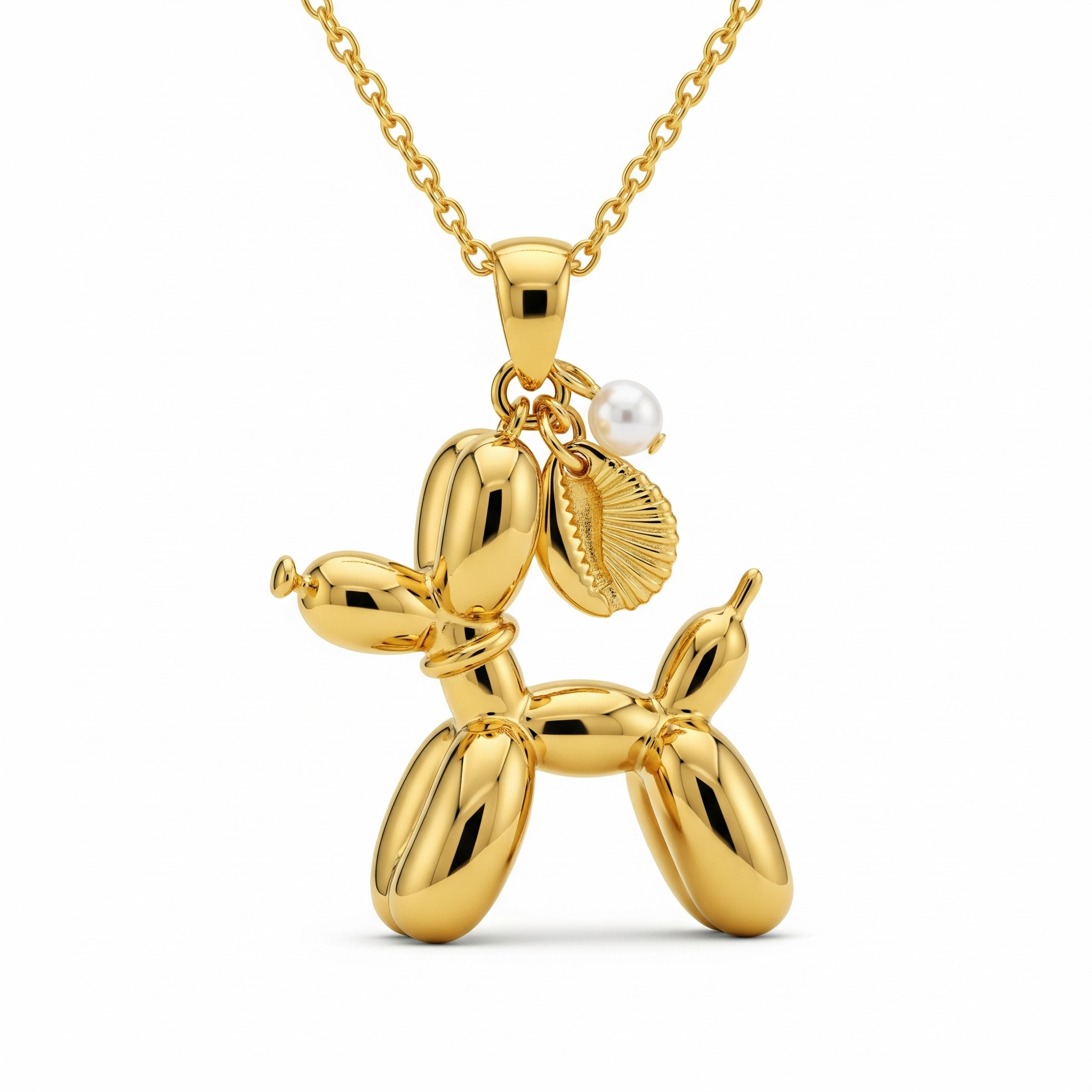 Adorable Women's Stainless Steel Charm 3D Balloon Dog Pendant Necklace with Pearl and Shell Charm
