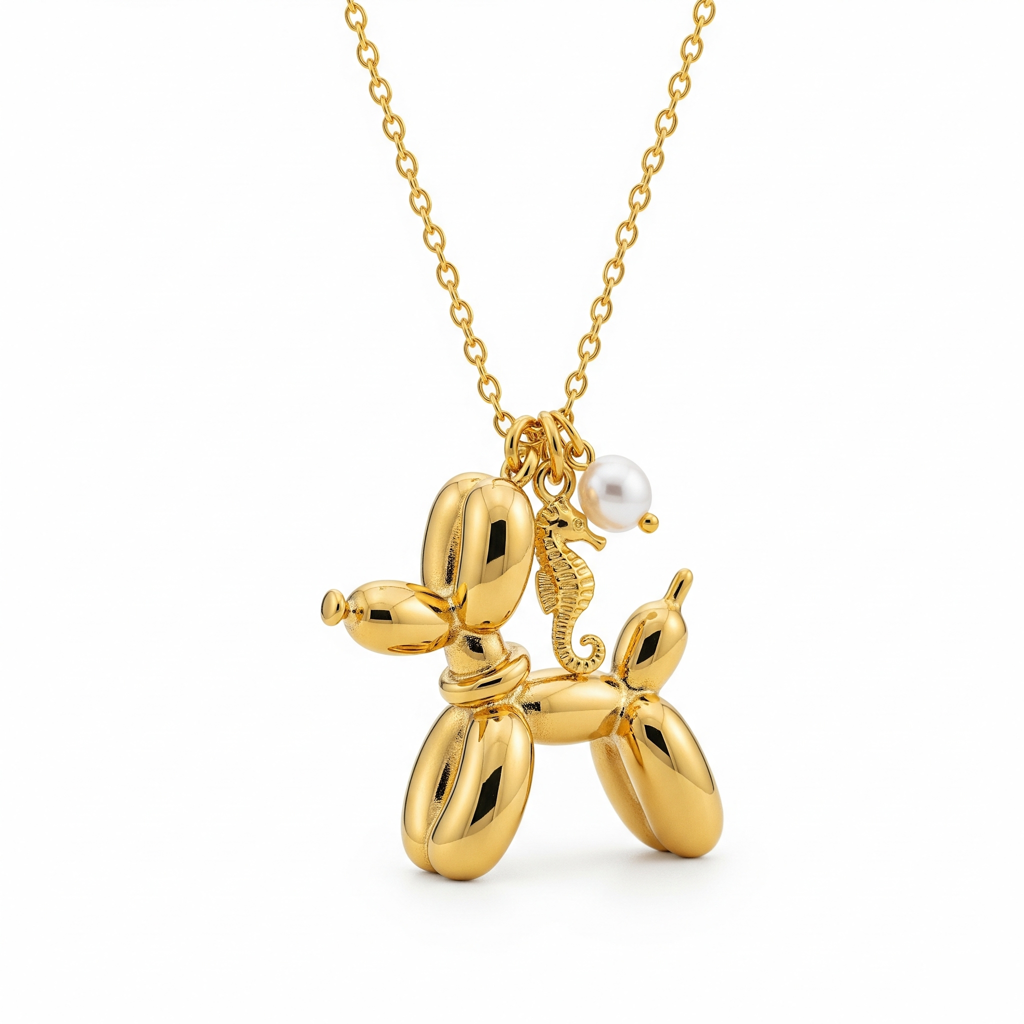 Adorable Women's Stainless Steel Charm 3D Balloon Dog Pendant Necklace with Seahorse and Pearl Charms