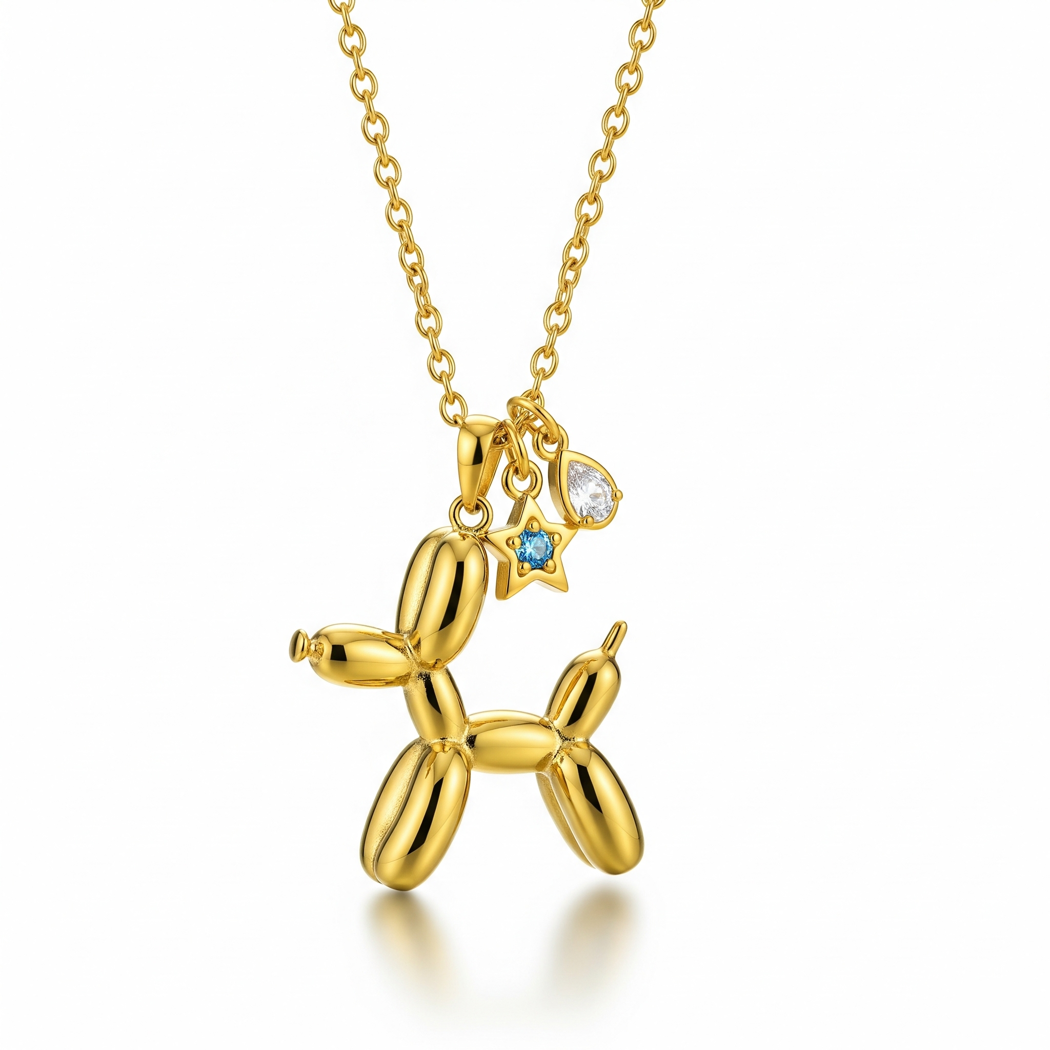 Adorable Women's Stainless Steel Charm 3D Balloon Dog Pendant Necklace with Star and Gem Charms