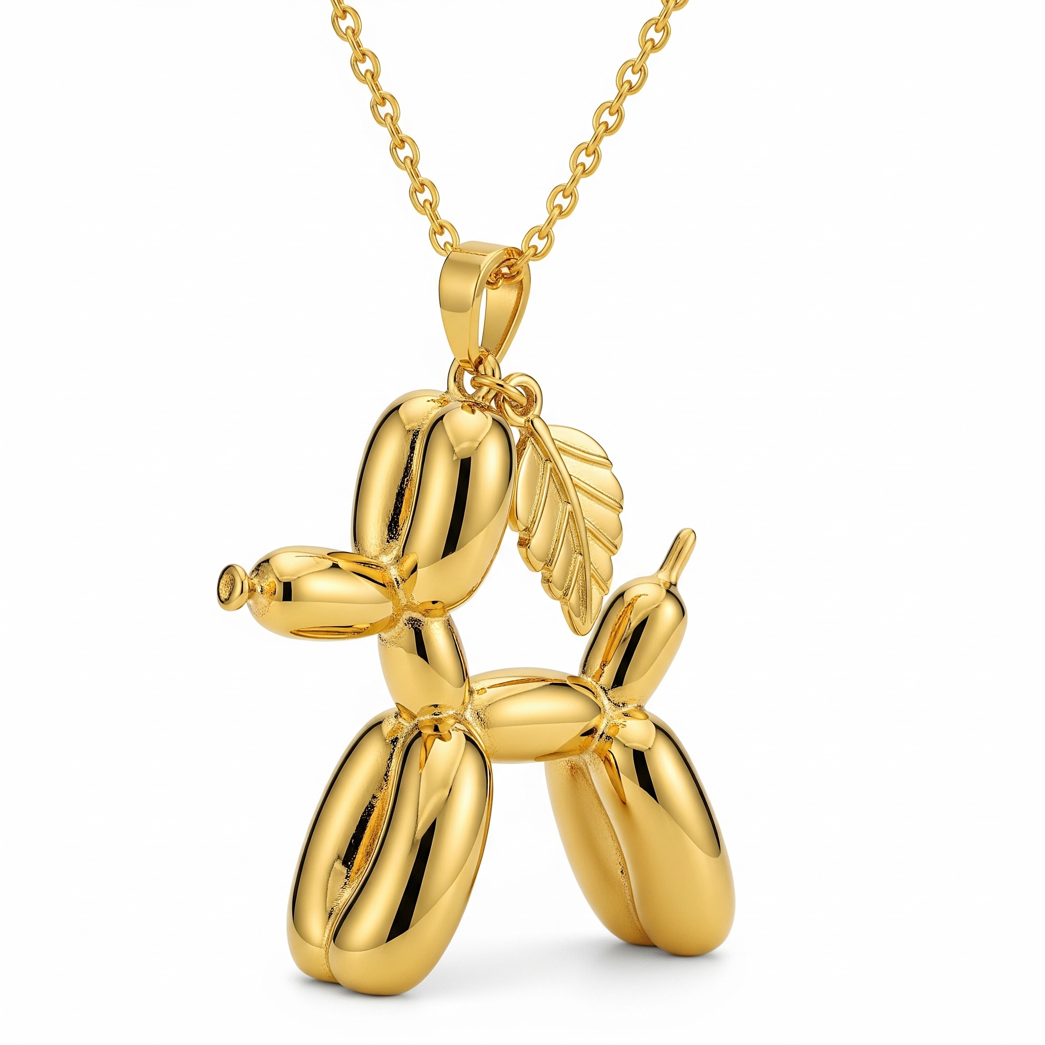 Adorable Women's Stainless Steel Charm 3D Balloon Dog Pendant Necklace with Leaf Charm