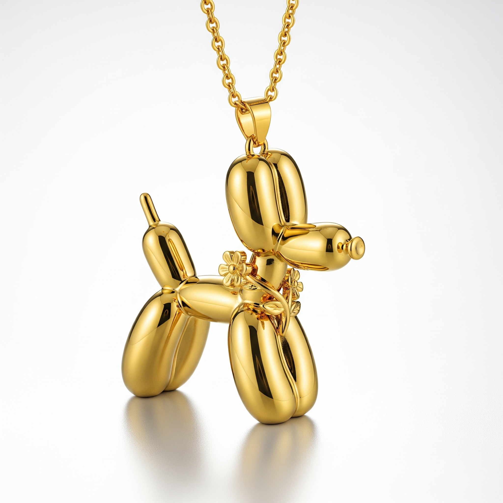 Adorable Women's Stainless Steel Charm 3D Balloon Dog Pendant Necklace with Floral Detail
