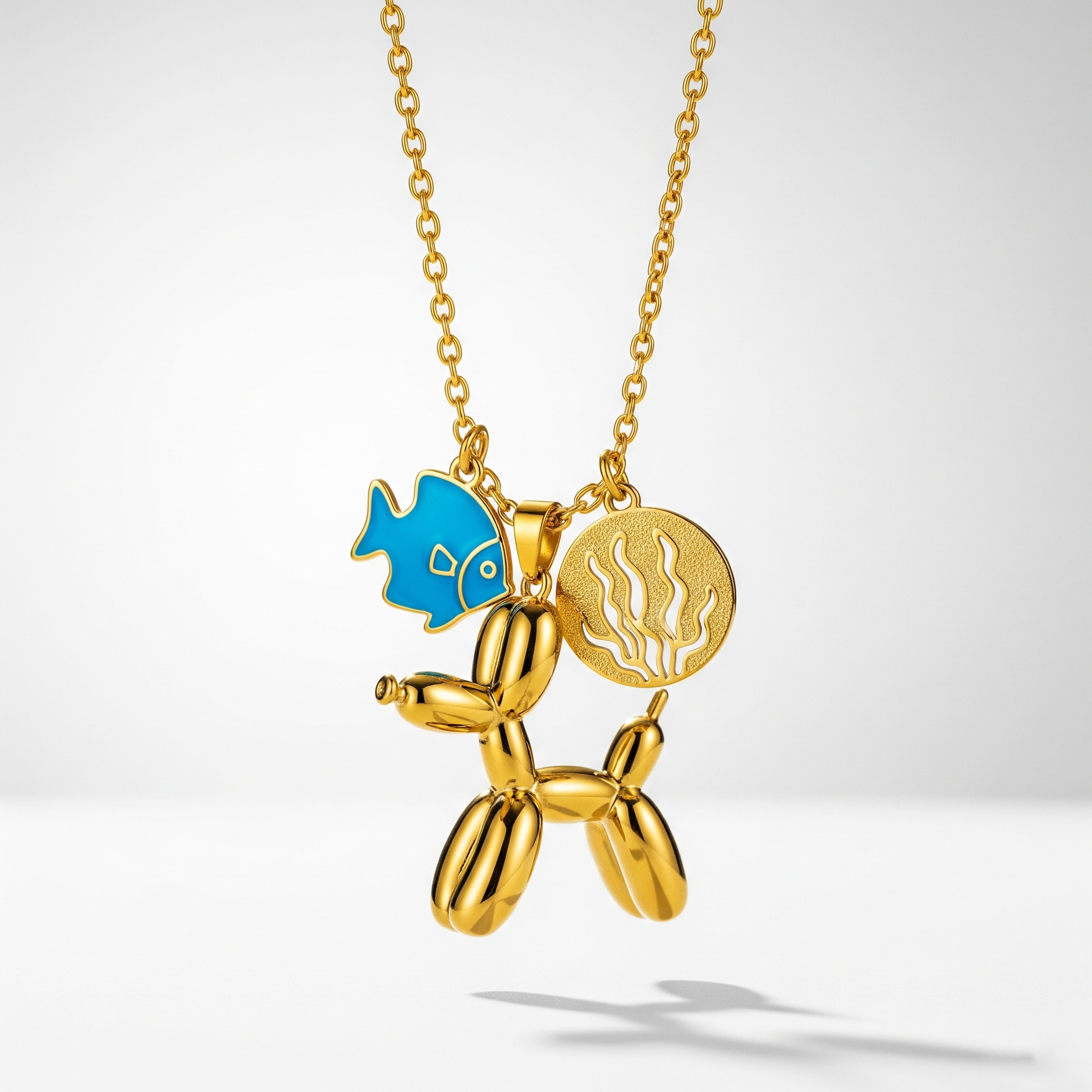 Adorable Women's Stainless Steel Charm 3D Balloon Dog Pendant Necklace with Fish and Coral Charms