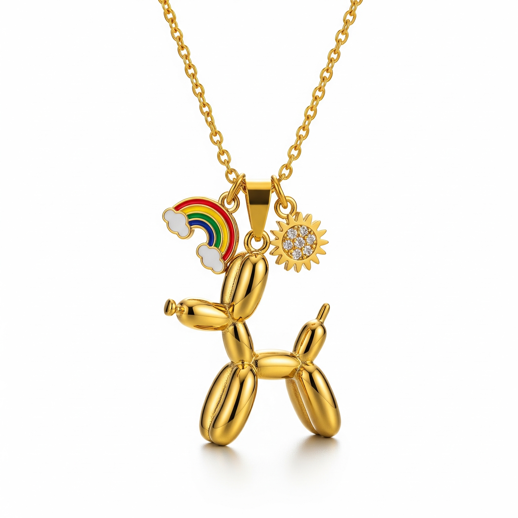 Adorable Women's Stainless Steel Charm 3D Balloon Dog Pendant Necklace with Rainbow and Sun Charms