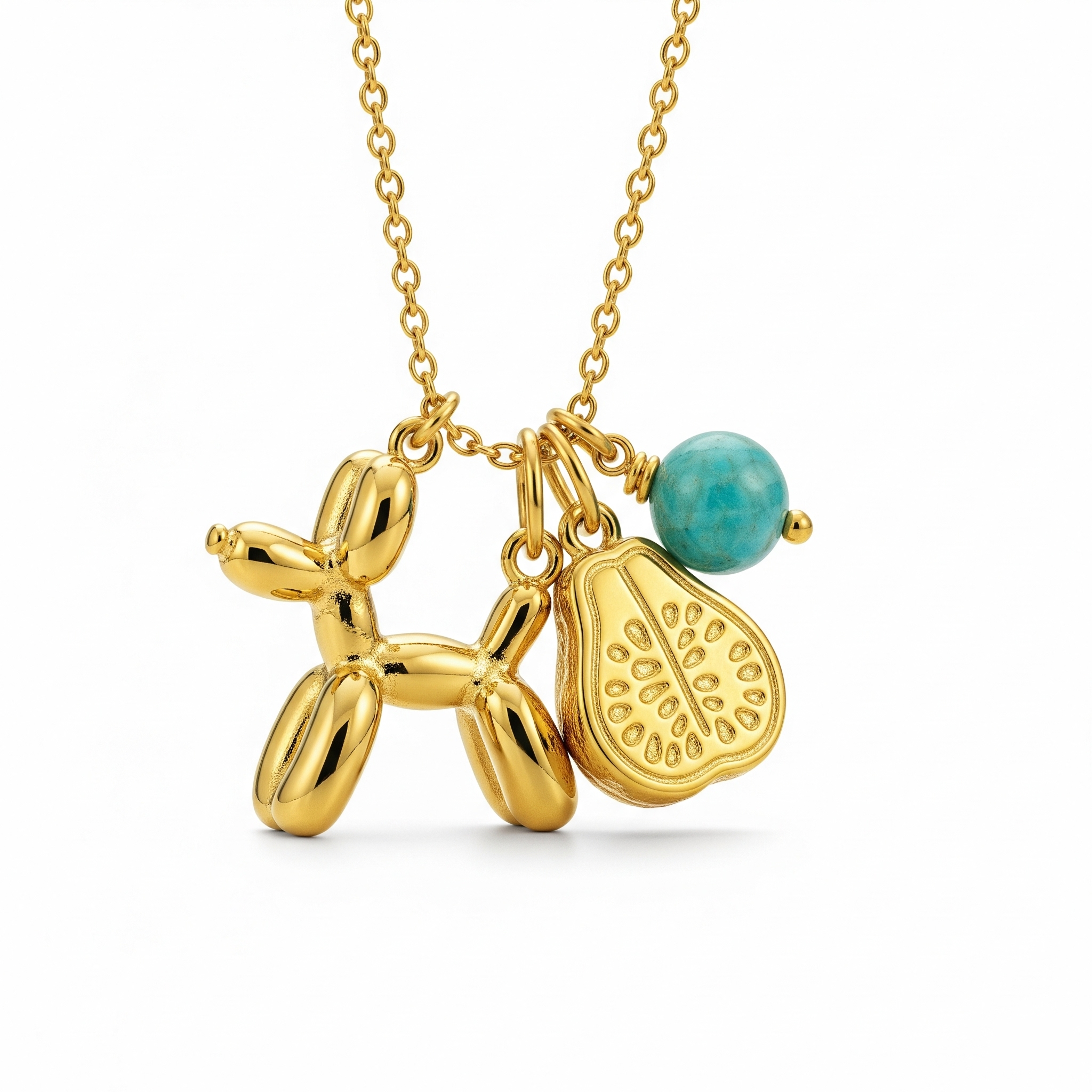 Adorable Women's Stainless Steel Charm 3D Balloon Dog Pendant Necklace with Turquoise and Papaya Charms