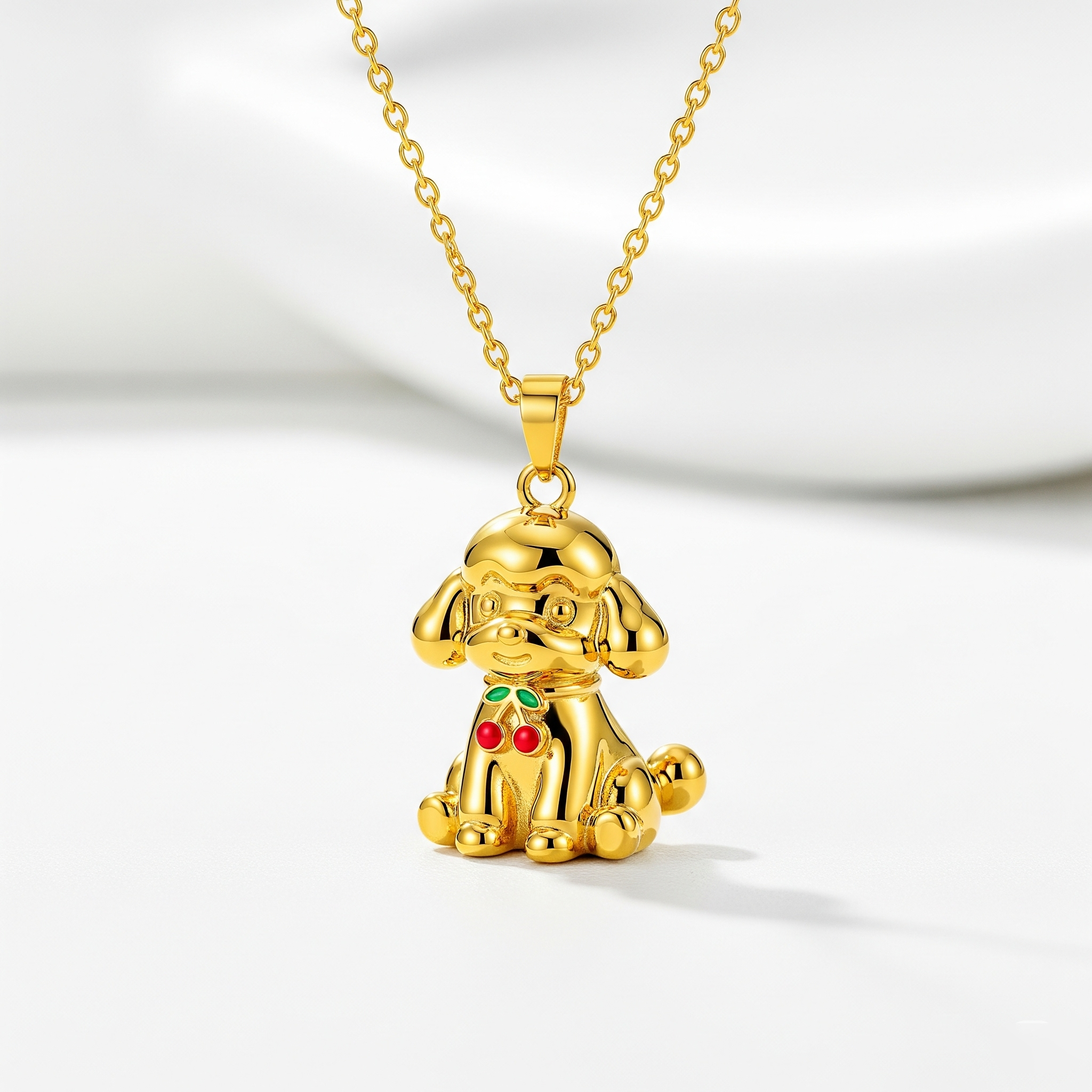 Cute 3D Women Stainless Steel Funny Charm Poodle Custom Dog Pendant Necklace (Gold with Cherry)