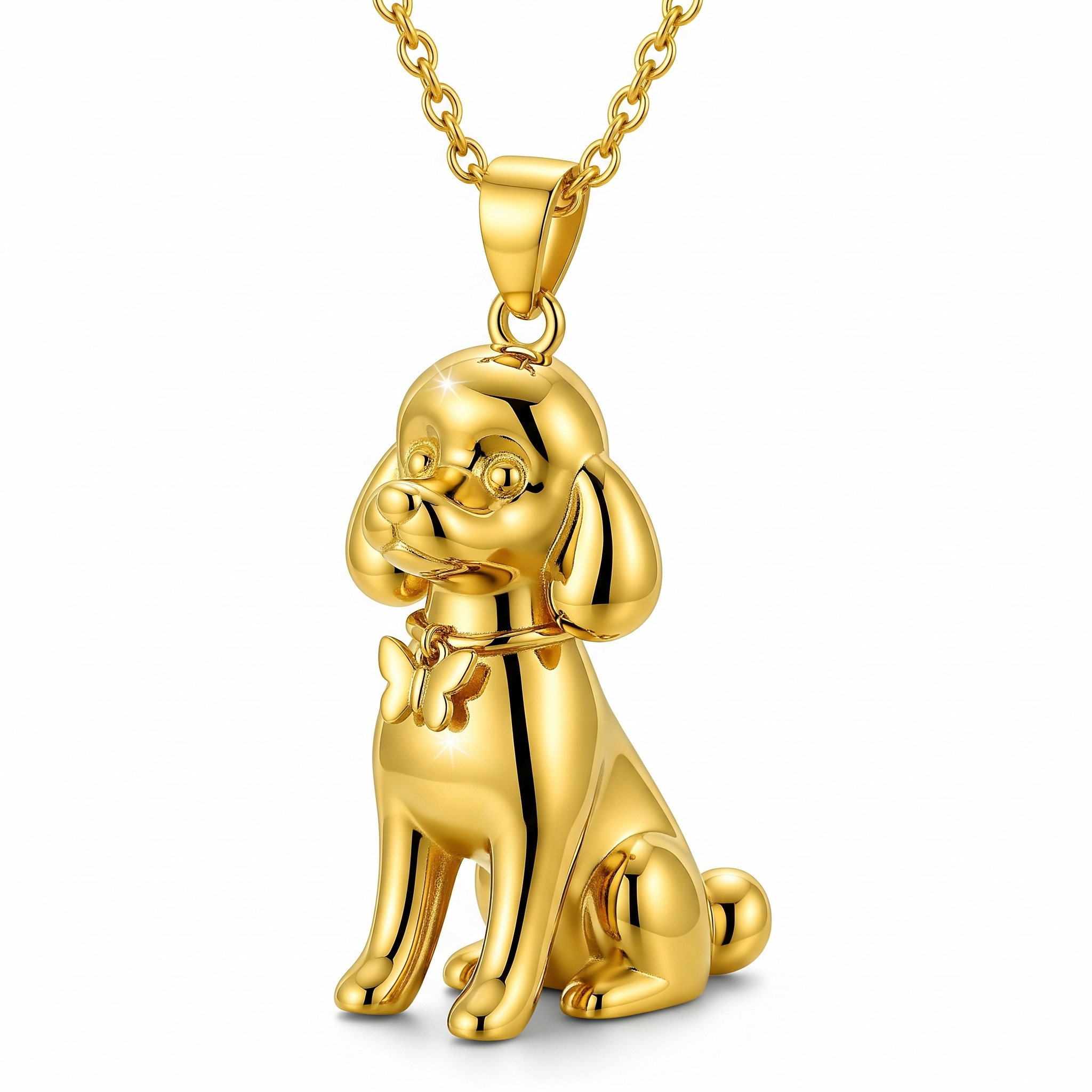 Cute 3D Women Stainless Steel Funny Charm Dog Pendant Necklace with Butterfly Tag
