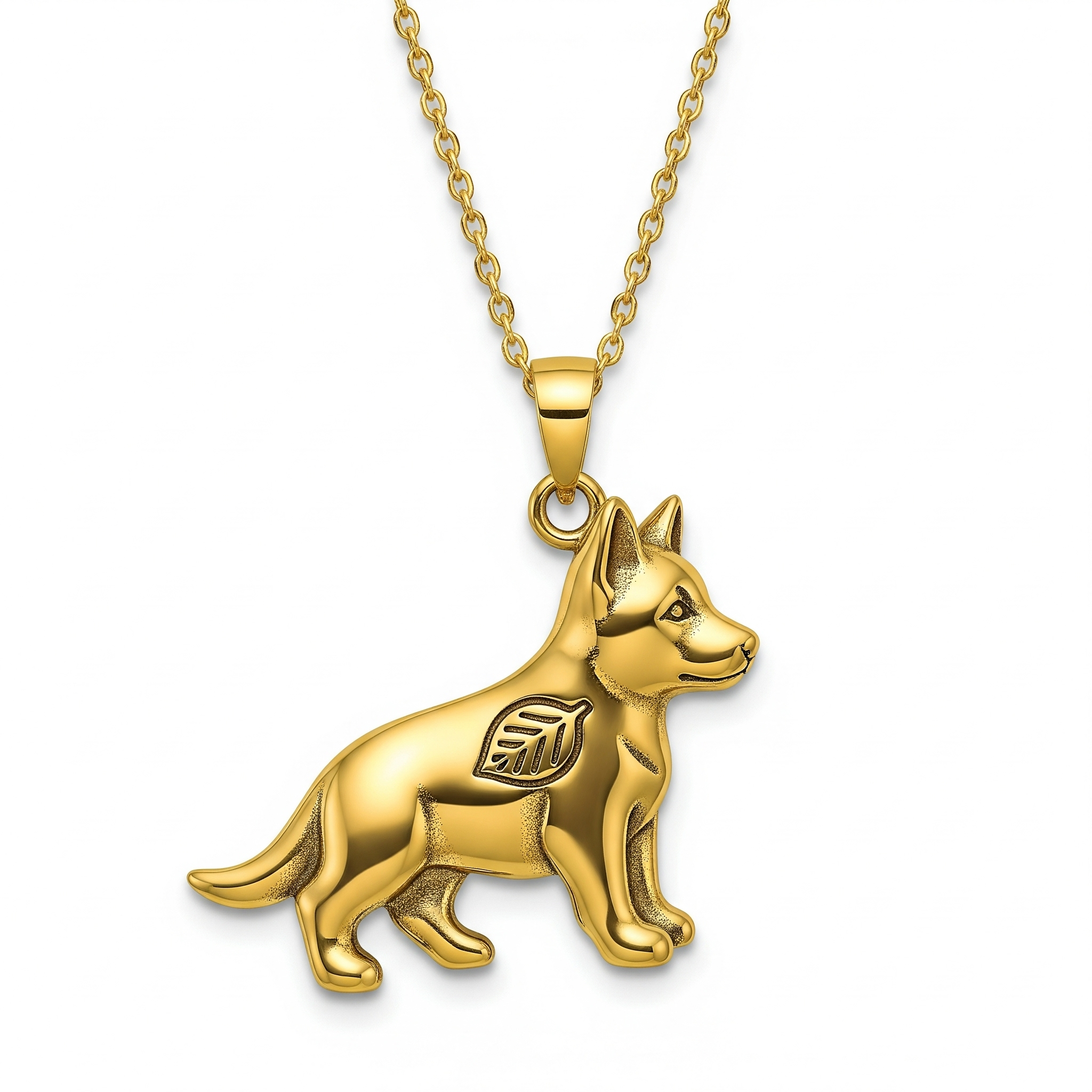 Individualized women's stainless steel German Shepherd dog pendant necklace with leaf engraving
