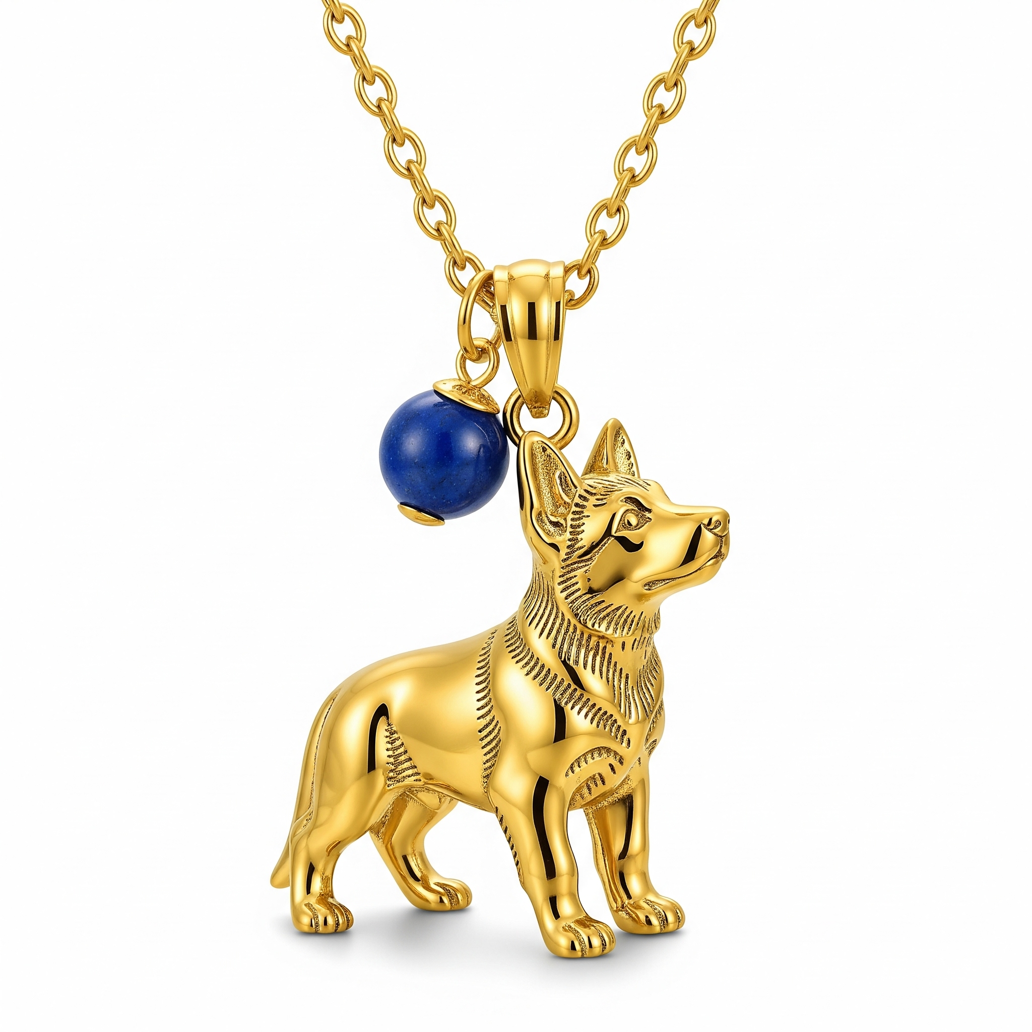 Individualized women's stainless steel German Shepherd dog pendant necklace with blue stone charm
