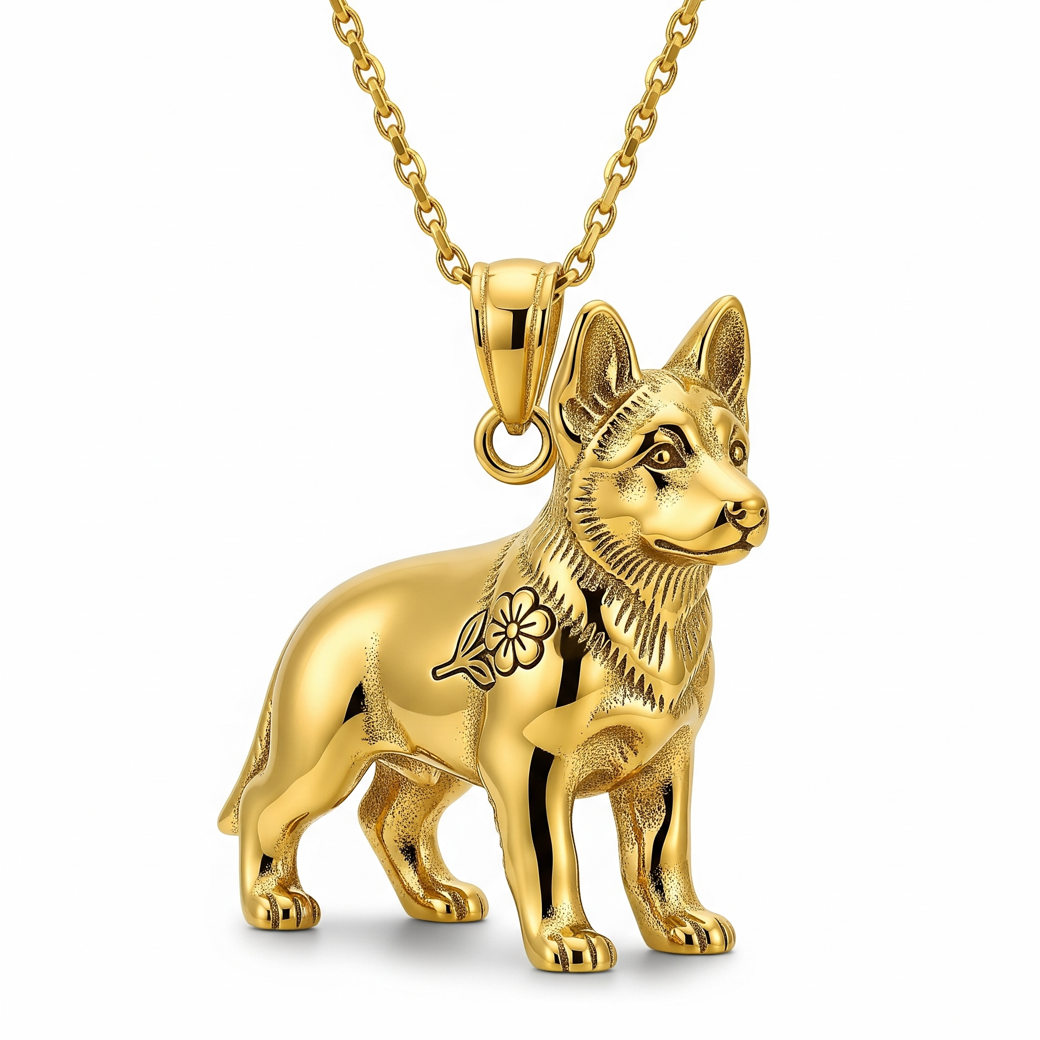Individualized women's stainless steel German Shepherd dog pendant necklace with floral engraving