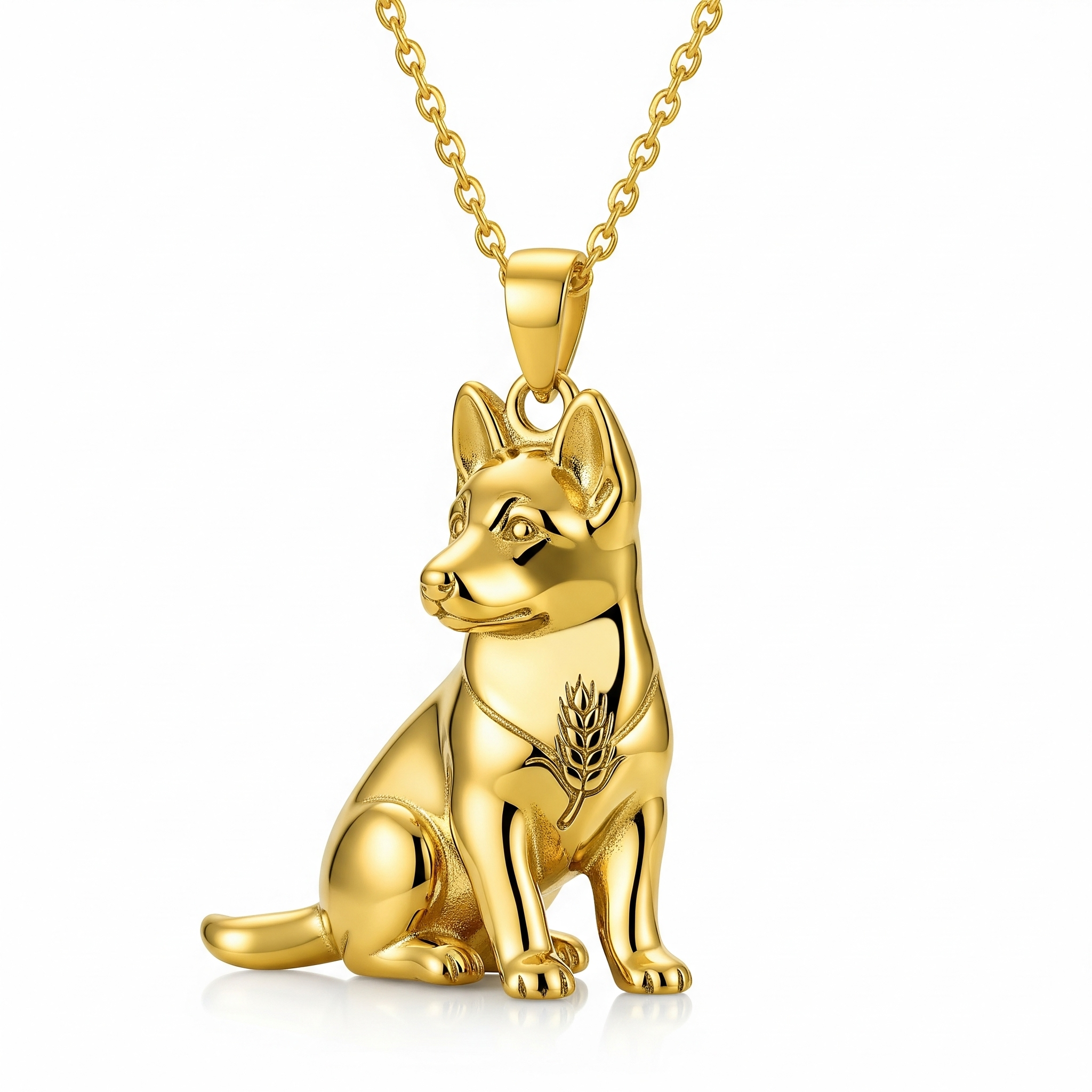 Individualized Women's Stainless Steel Pet Charm German Shepherd Dog Pendant Necklace – 3D Gold Wheat Detail