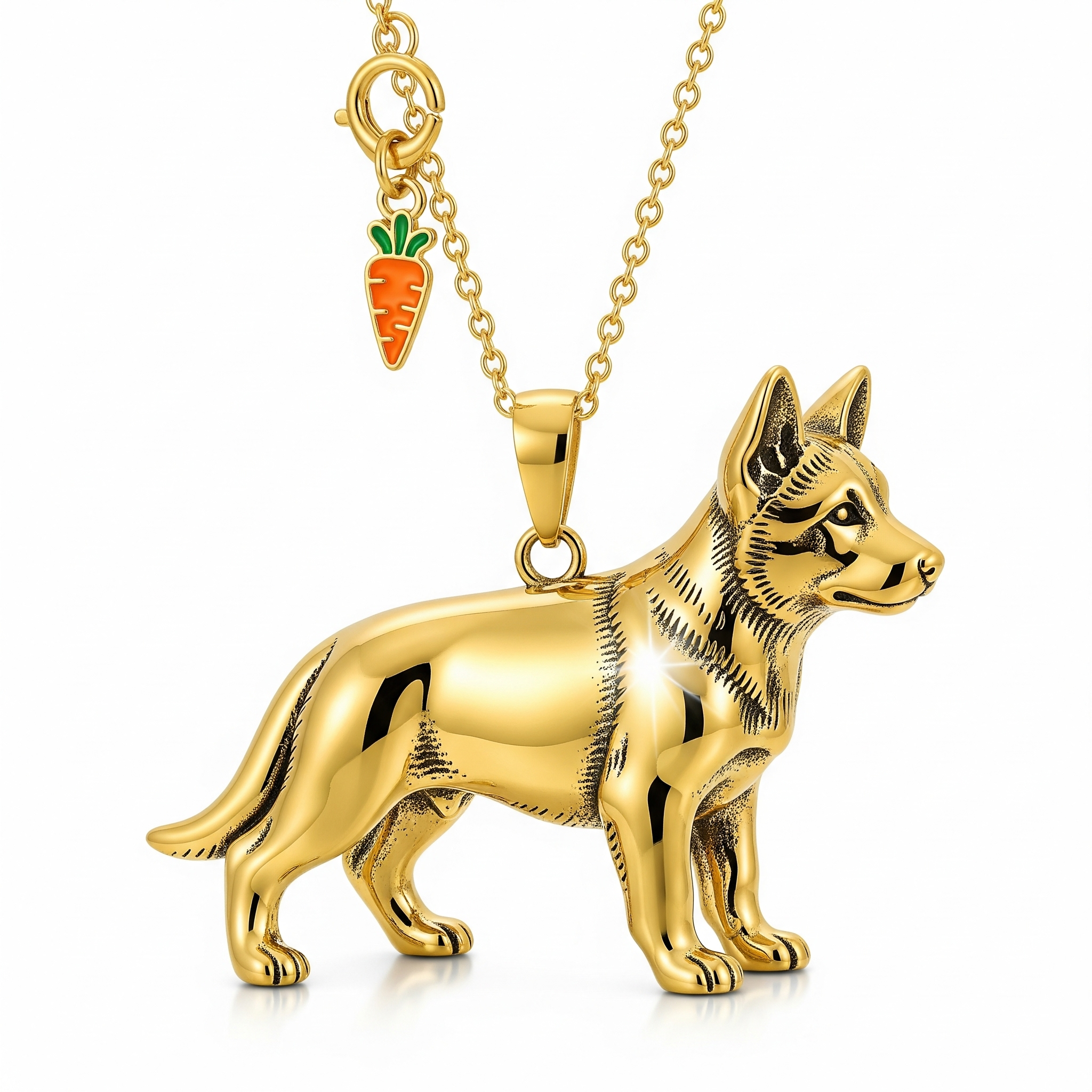 Individualized Women's Stainless Steel Pet Charm German Shepherd Dog Pendant Necklace – Standing Pose with Carrot Accent