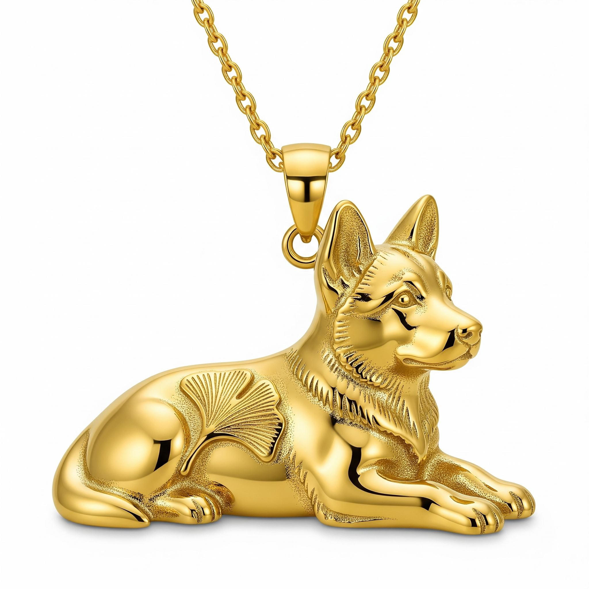 Individualized Women's Stainless Steel Pet Charm German Shepherd Dog Pendant Necklace – Lying Down Pose with Ginkgo Leaf Detail