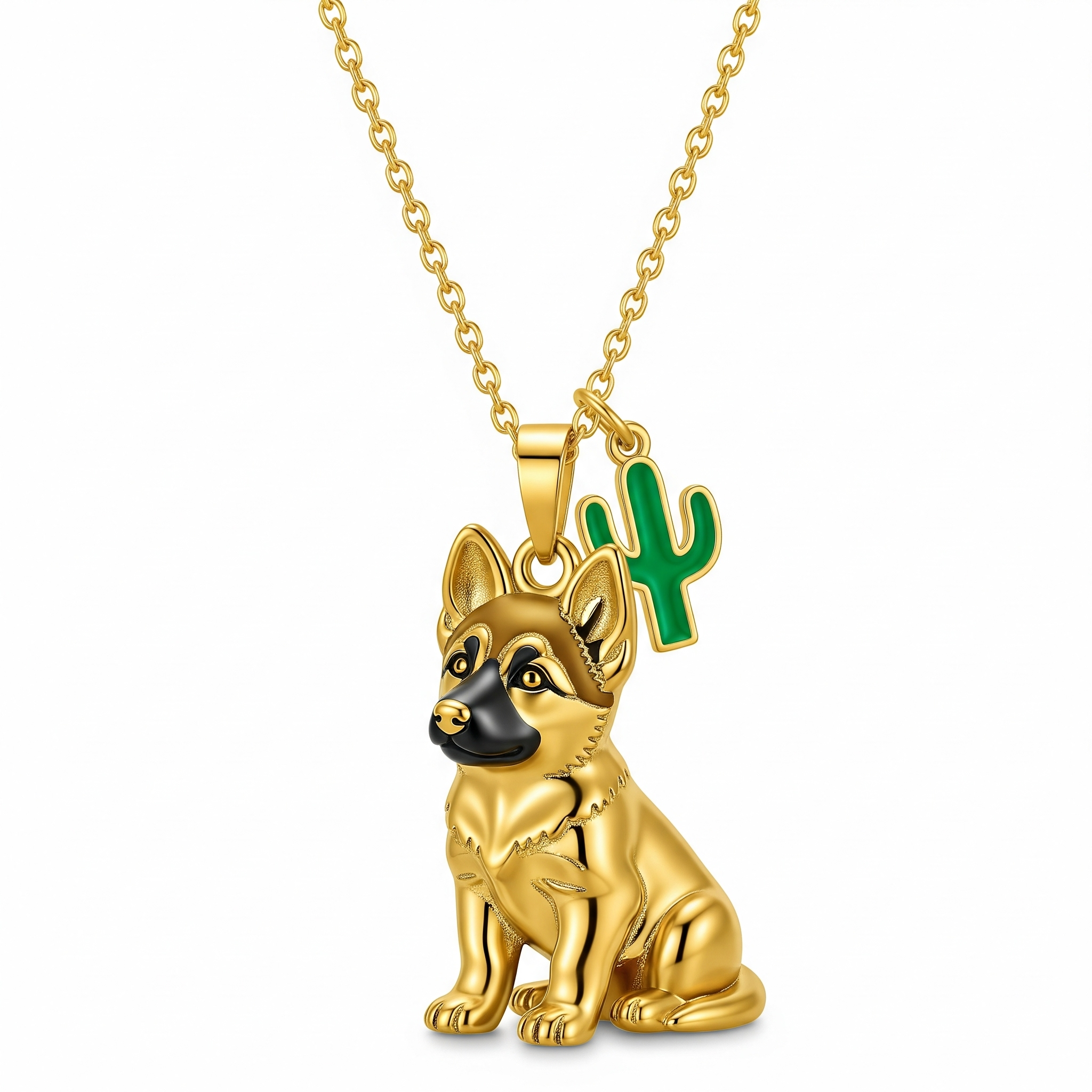 Individualized Women's Stainless Steel Pet Charm German Shepherd Dog Pendant Necklace – Black Muzzle & Cactus Charm Accent