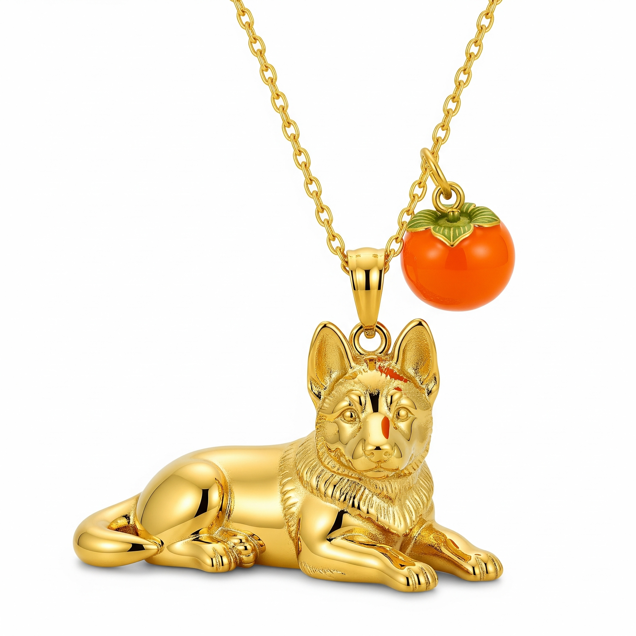 Individualized Women's Stainless Steel Pet Charm German Shepherd Dog Pendant Necklace – Lying Pose with Tomato Fruit Charm Accent