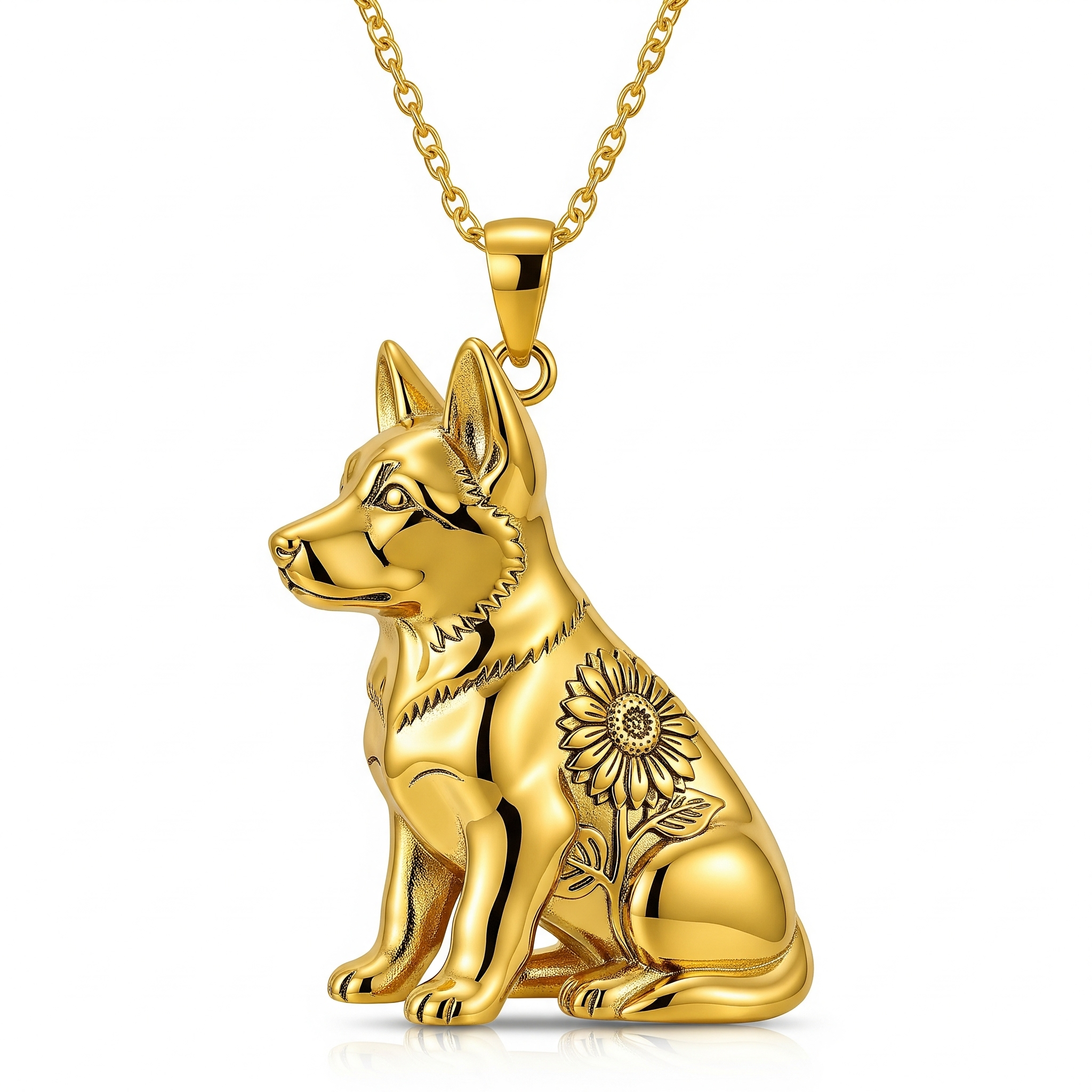 Individualized Women's Stainless Steel Pet Charm German Shepherd Dog Pendant Necklace – Sitting Pose with Sunflower Engraving Detail