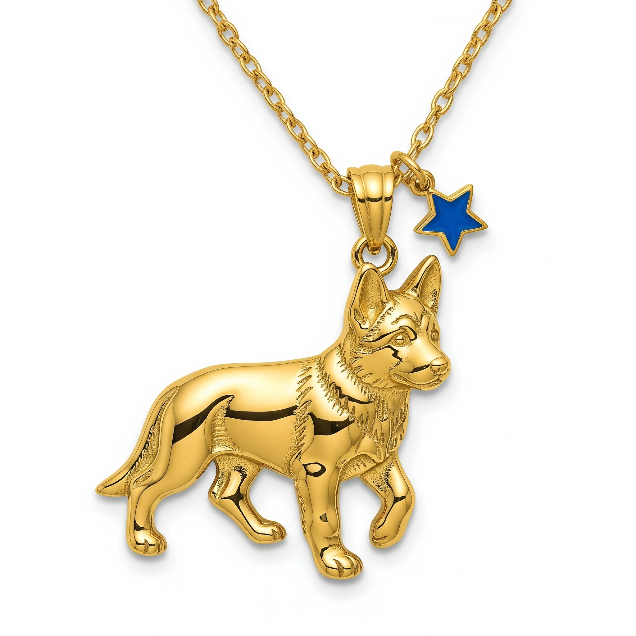Individualized women's stainless steel German Shepherd dog pendant necklace with blue star charm