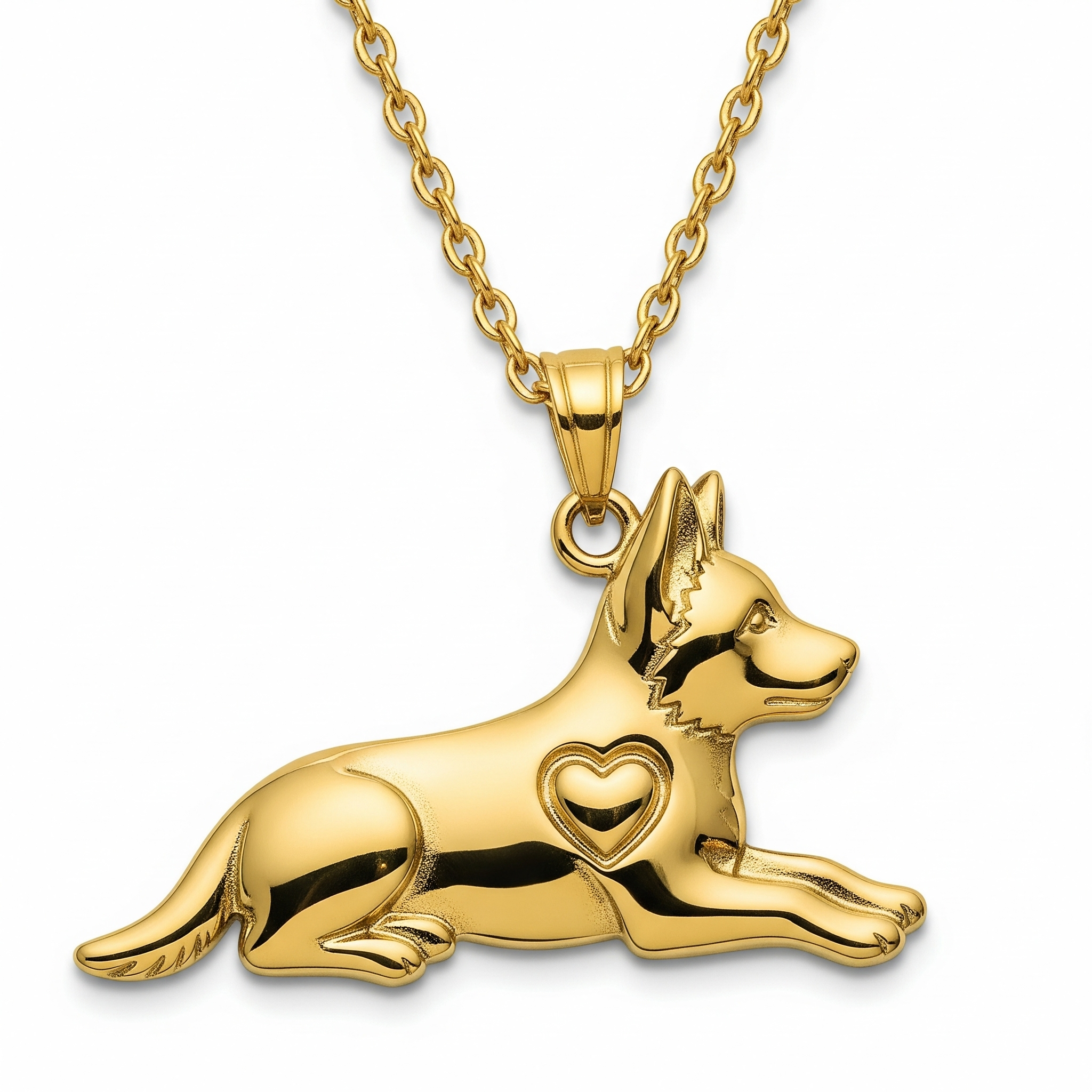 Individualized women's stainless steel lying German Shepherd dog pendant necklace with heart cutout