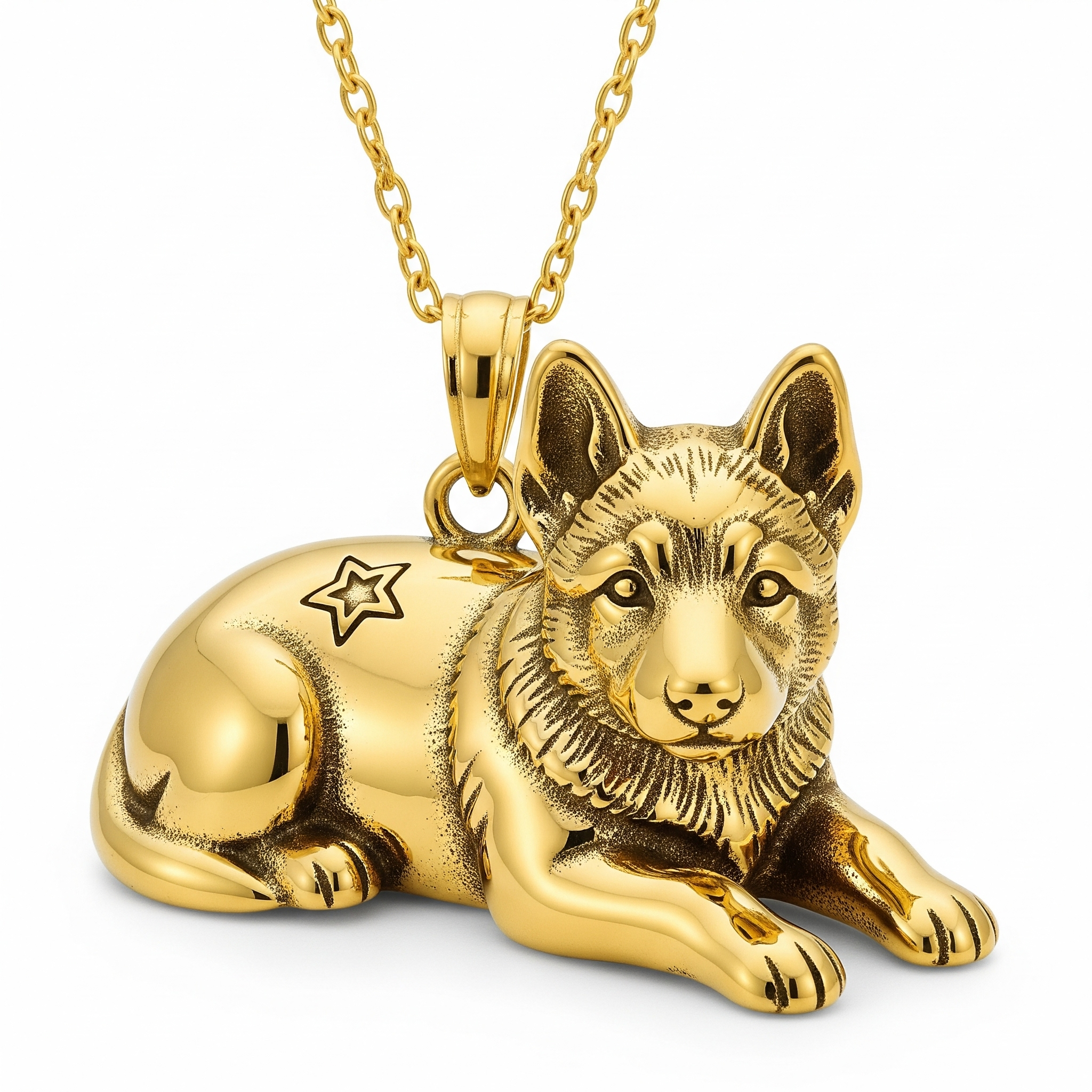 Individualized women's stainless steel laying German Shepherd dog pendant necklace with star engraving