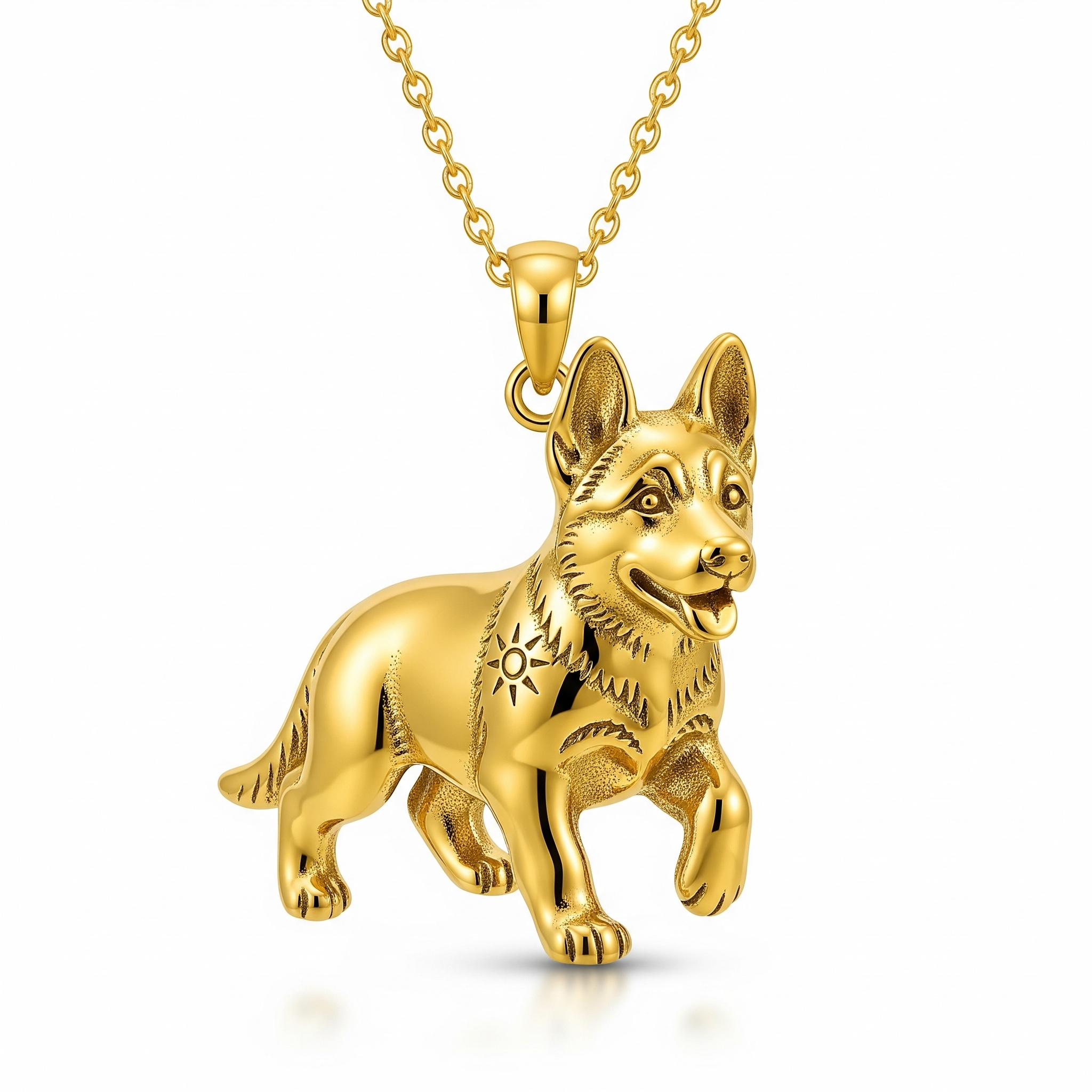 Individualized women's stainless steel German Shepherd dog pendant necklace with sun symbol engraving