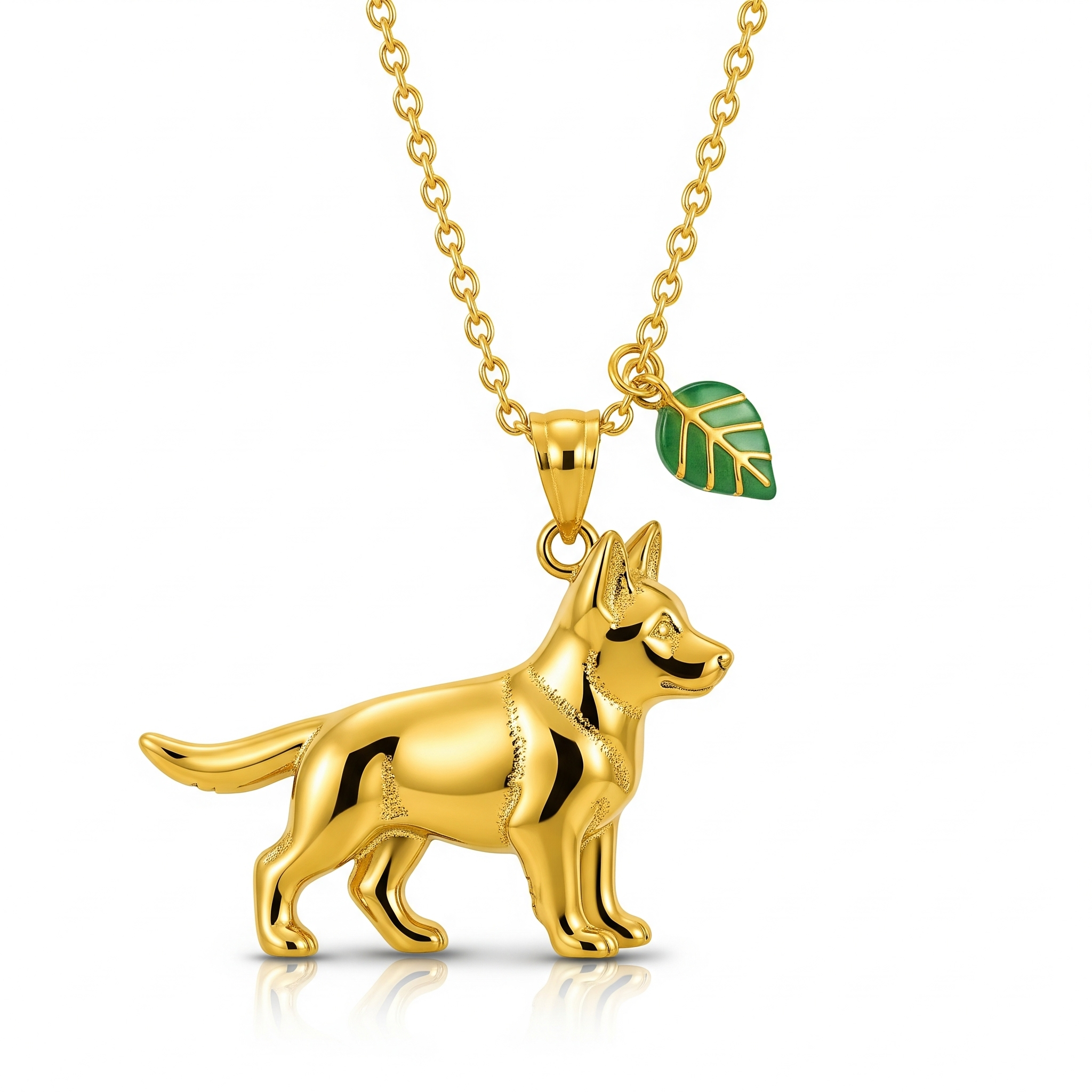 Individualized women's stainless steel German Shepherd dog pendant necklace with green leaf charm