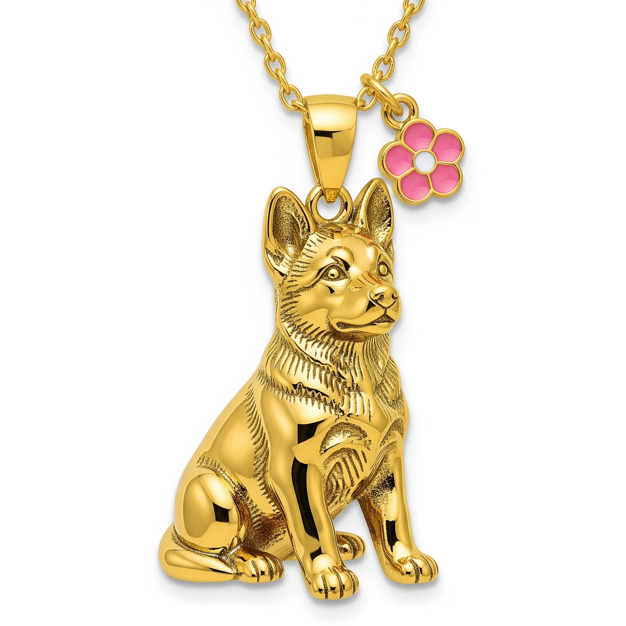 Individualized women's stainless steel German Shepherd dog pendant necklace with pink flower charm