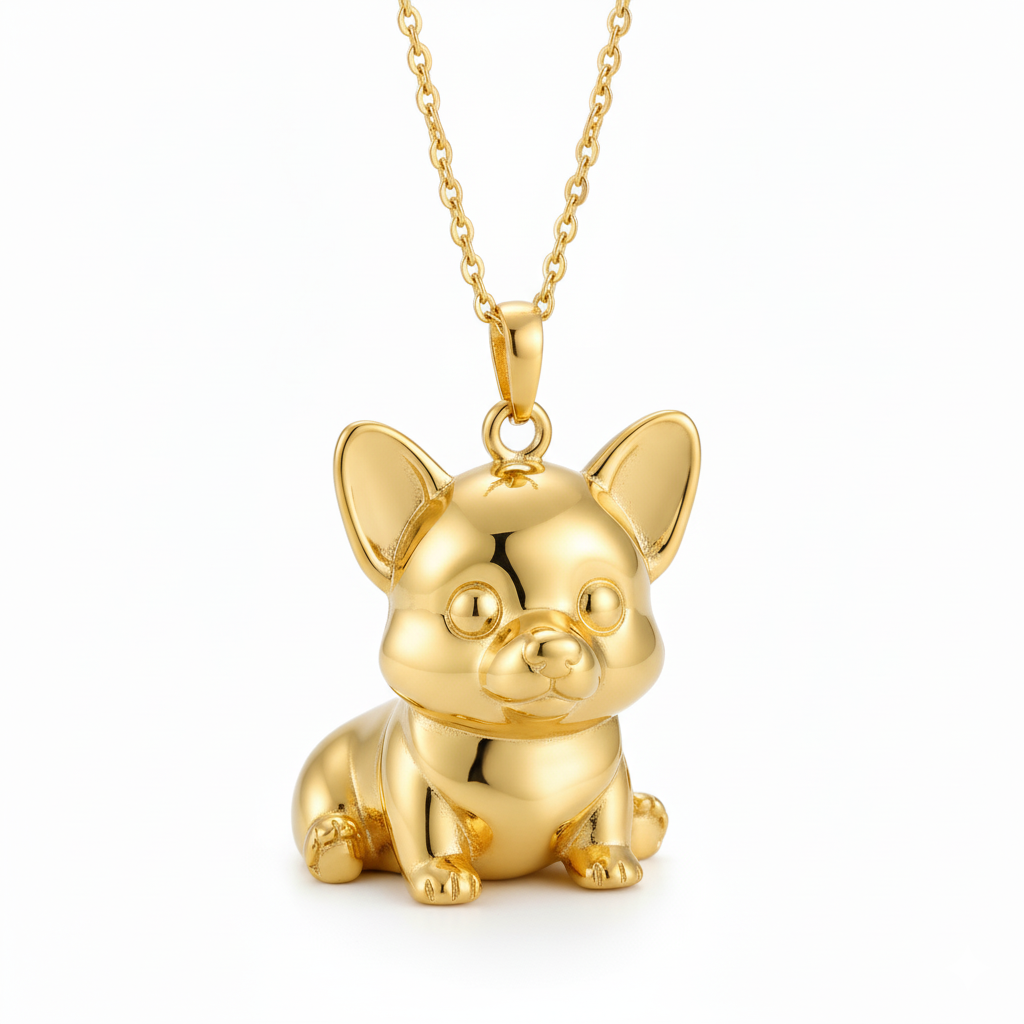 Lovely stainless steel women charm custom golden cute Corgi dog pendant necklace in chibi style