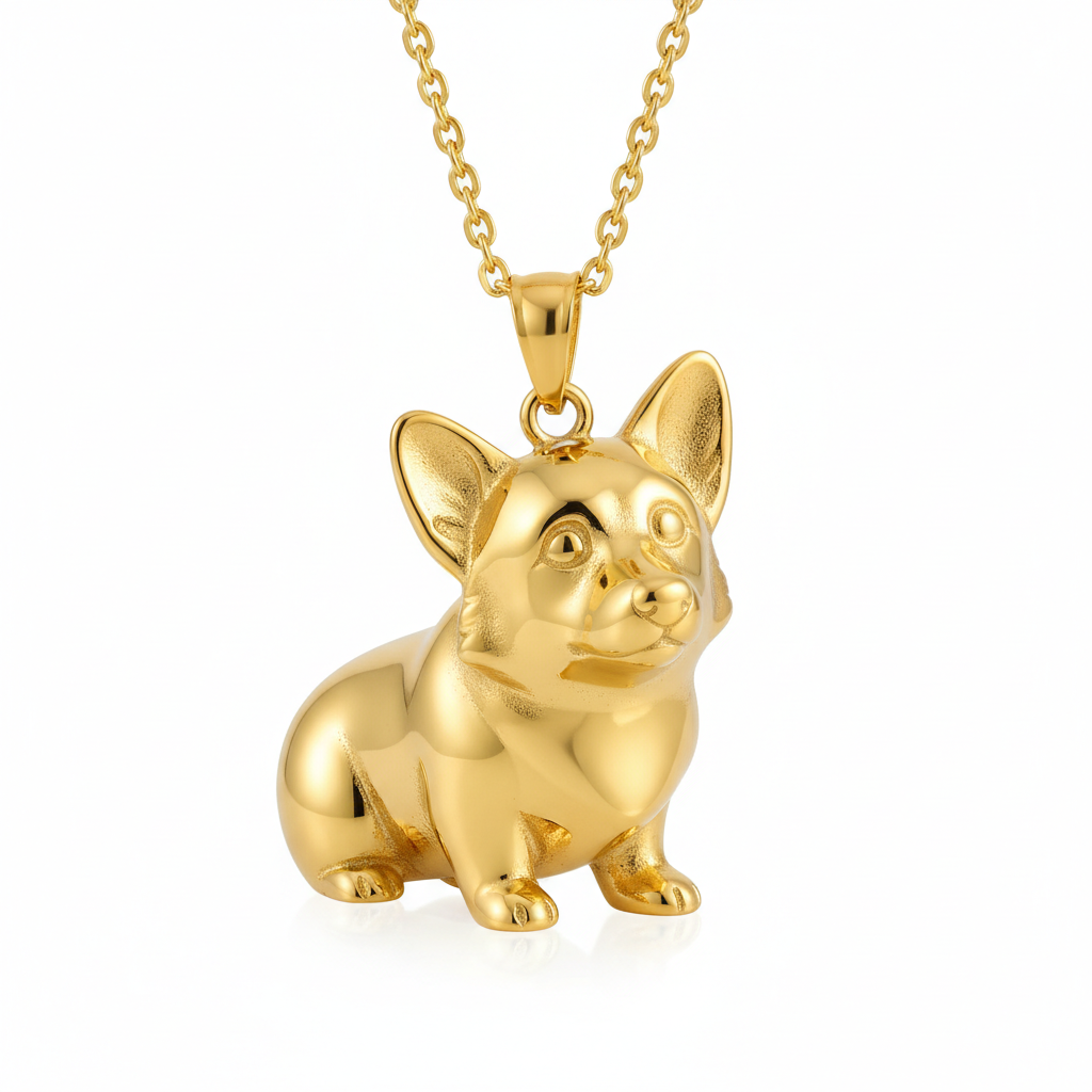 Lovely stainless steel women charm custom golden Corgi dog pendant necklace with curious face