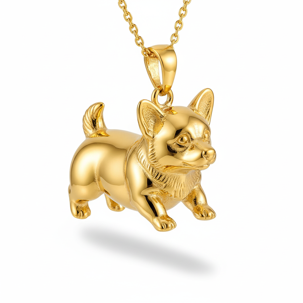 Lovely stainless steel women charm custom golden Corgi dog pendant necklace in walking pose