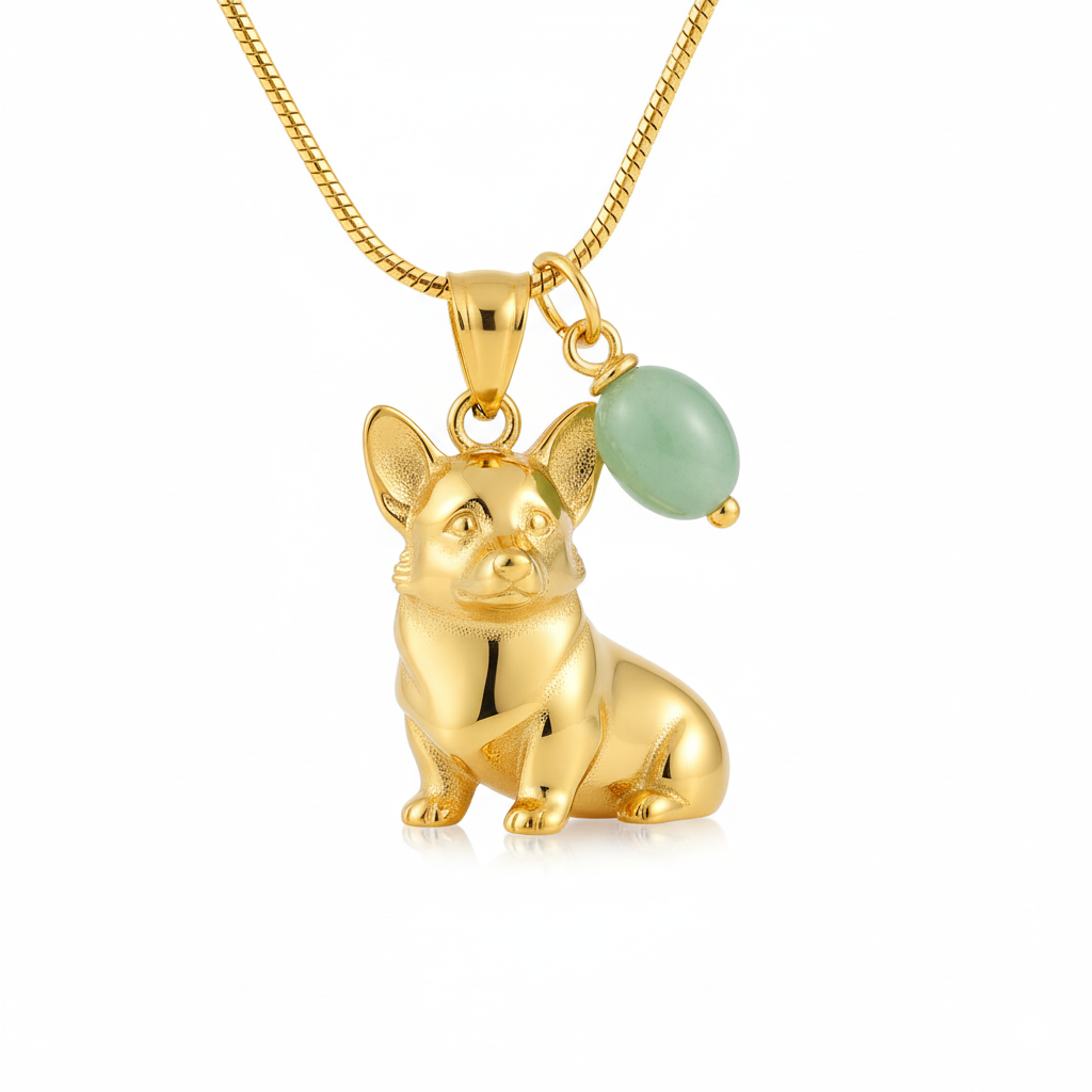 Lovely Stainless Steel Women Charm Custom Golden Corgi Dog Pendant Necklace with Green Gem