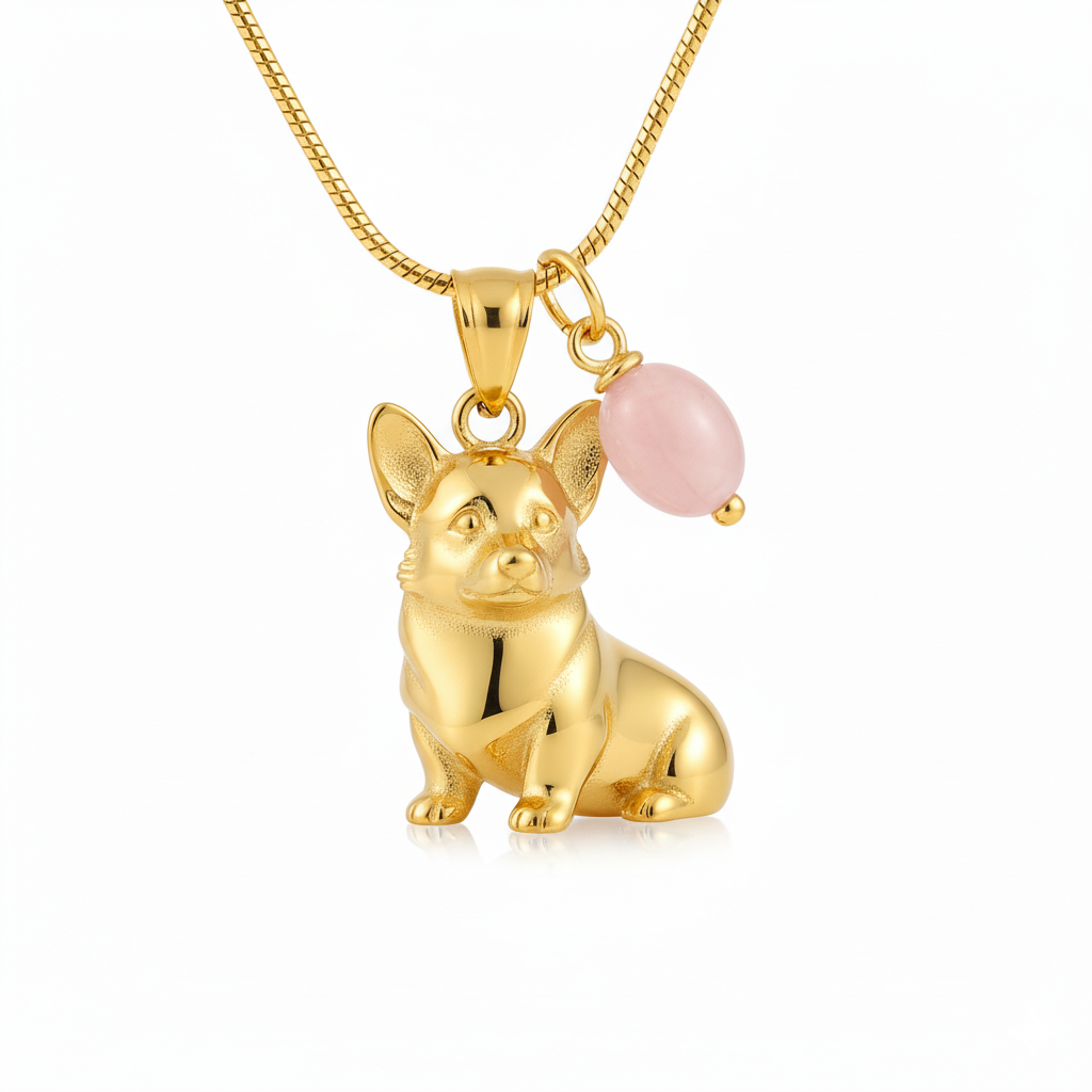 Lovely Stainless Steel Women Charm Custom Golden Corgi Dog Pendant Necklace with Pink Gem