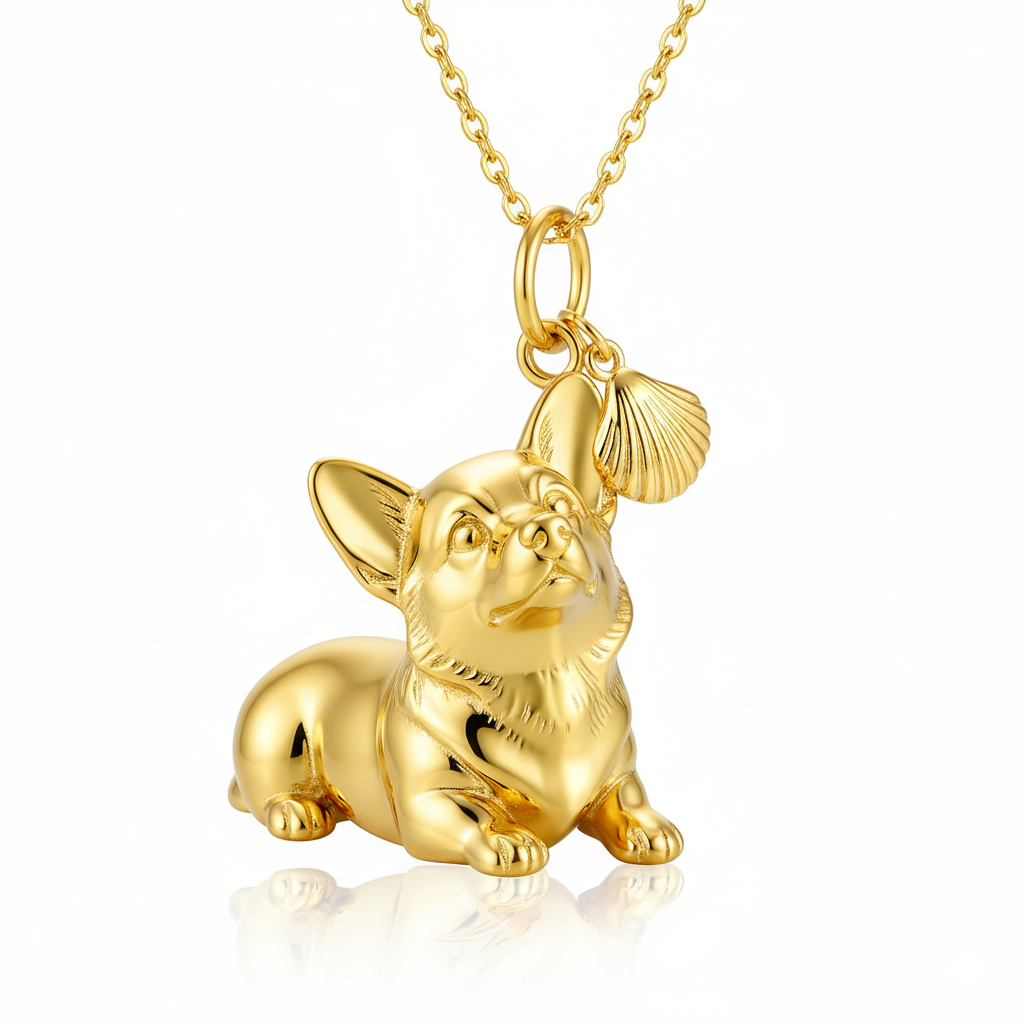 Lovely Stainless Steel Women Charm Custom Golden Corgi Dog Pendant Necklace with Shell Charm