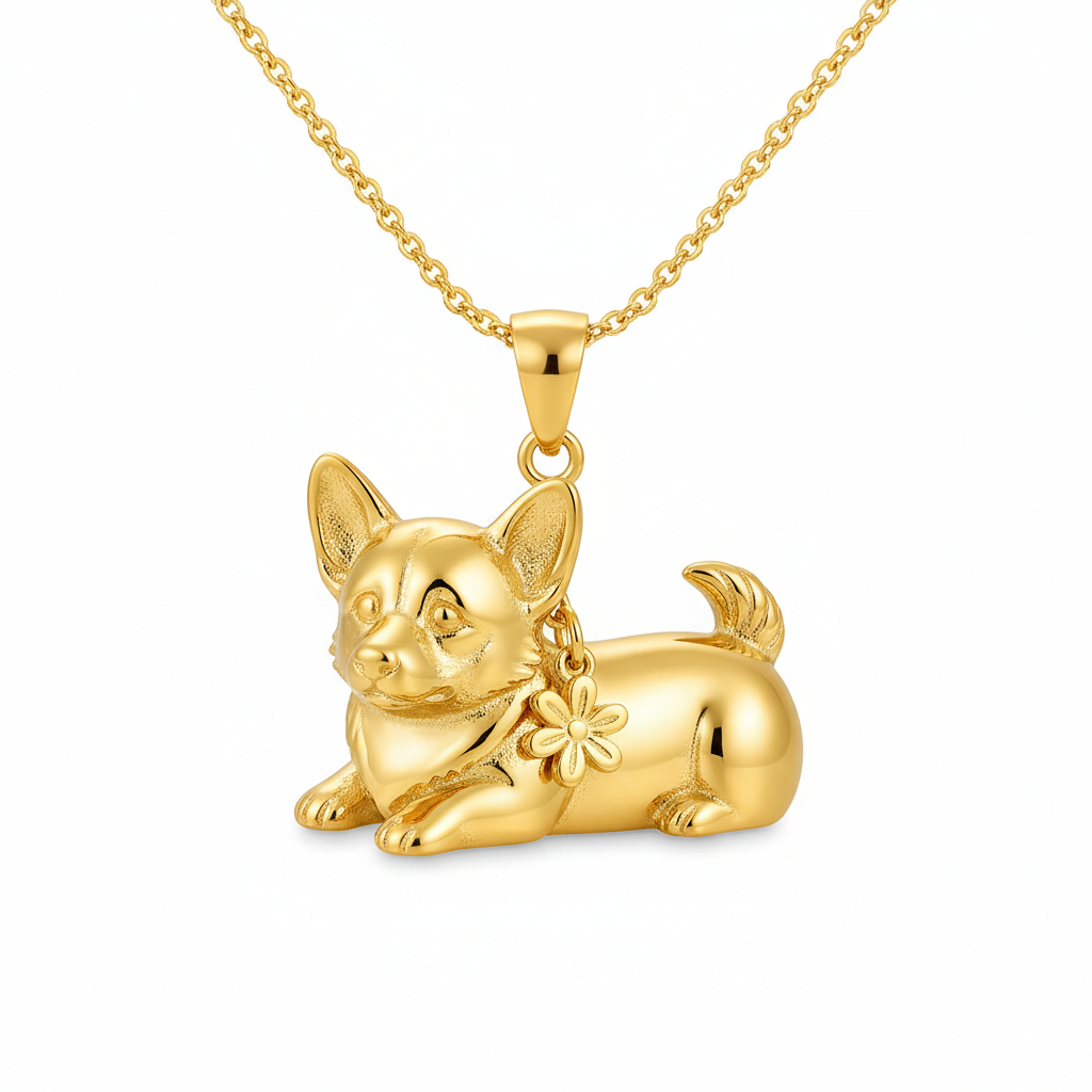 Lovely stainless steel women charm custom golden Corgi dog pendant necklace with flower detail
