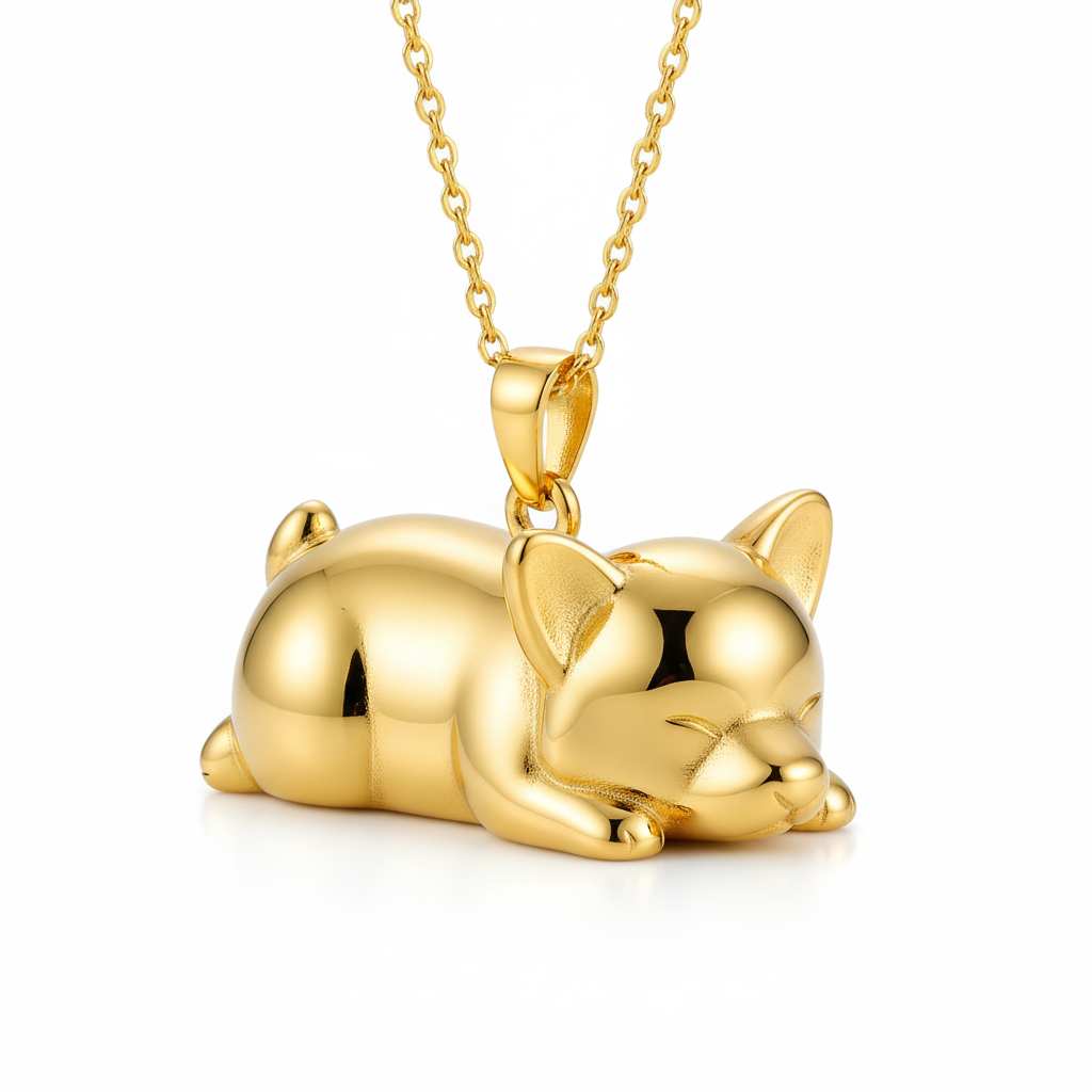 Lovely stainless steel women charm custom golden sleeping Corgi dog pendant necklace