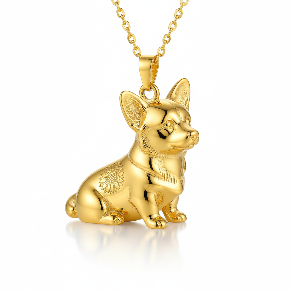 Lovely stainless steel women charm custom golden Corgi dog pendant necklace with sunflower engraving