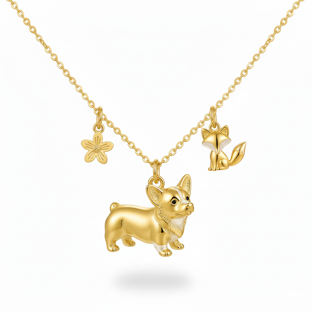 Corgi dog necklace with fox and flower charms – Stainless steel women’s gold pendant