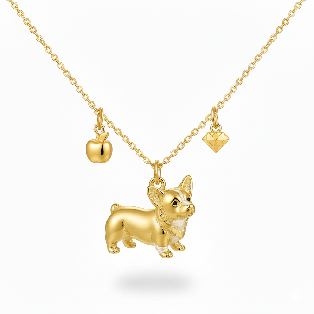 Golden Corgi dog necklace with apple and diamond charms – Stainless steel women’s fashion pendant
