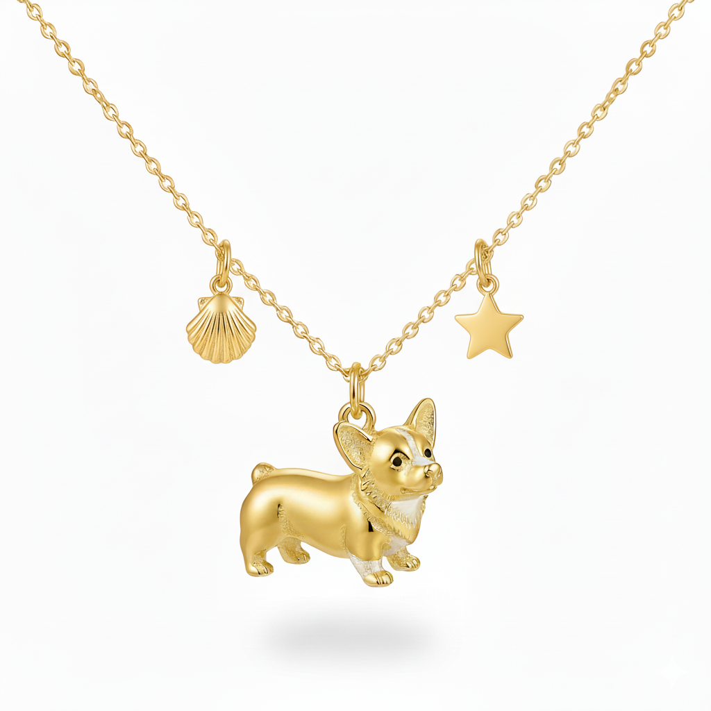 Golden Corgi dog necklace with seashell and star charms – Stainless steel ocean-inspired pendant for women