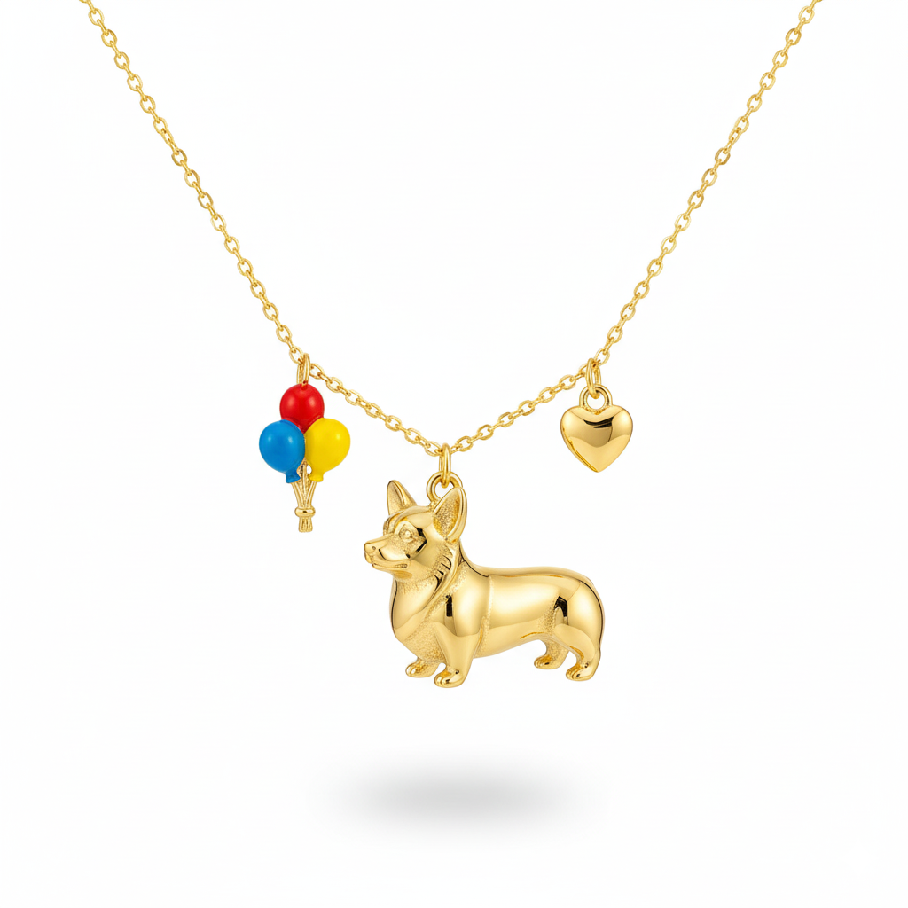 Corgi dog necklace with colorful balloon and heart charms – Stainless steel playful gold pendant for women