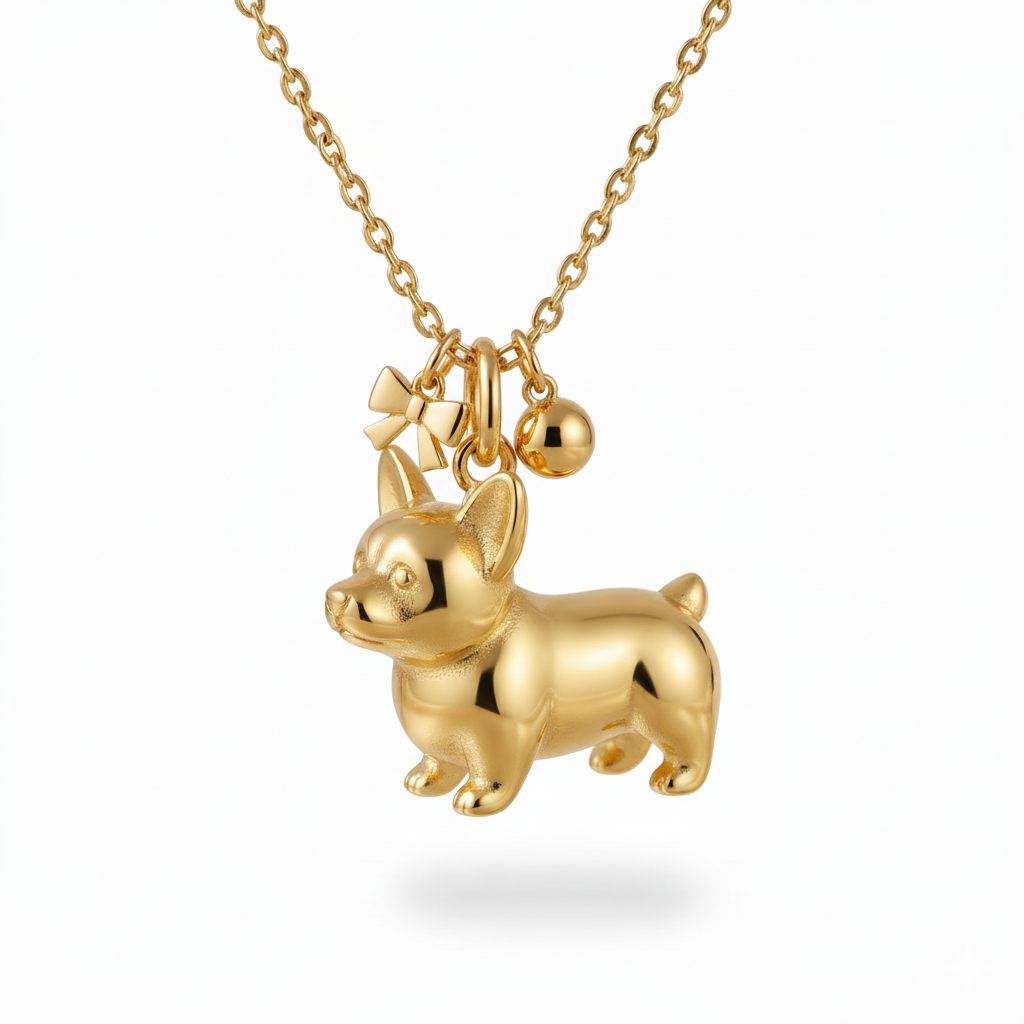 Lovely stainless steel women charm custom golden Corgi dog pendant necklace