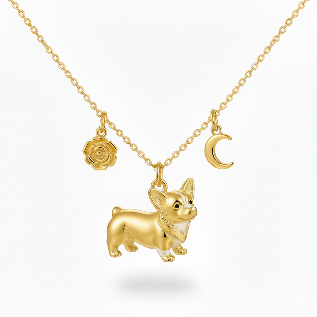 Golden Corgi Dog Pendant Necklace with Rose and Moon Charms