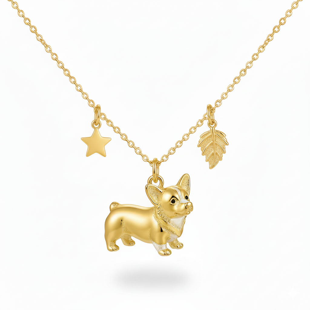 Golden Corgi Dog Pendant Necklace with Star and Leaf Charms
