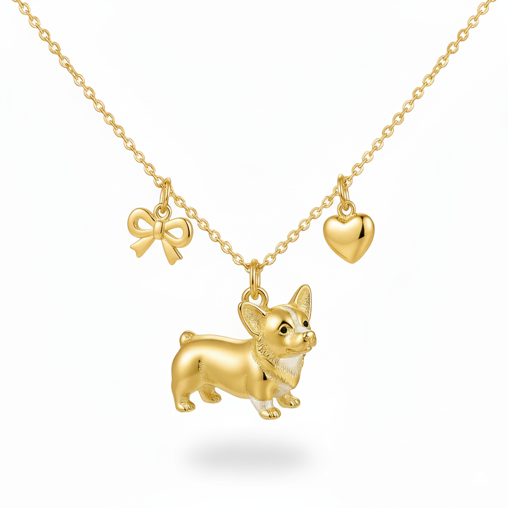 Golden Corgi dog necklace with heart and bow charms – Stainless steel women’s pendant jewelry