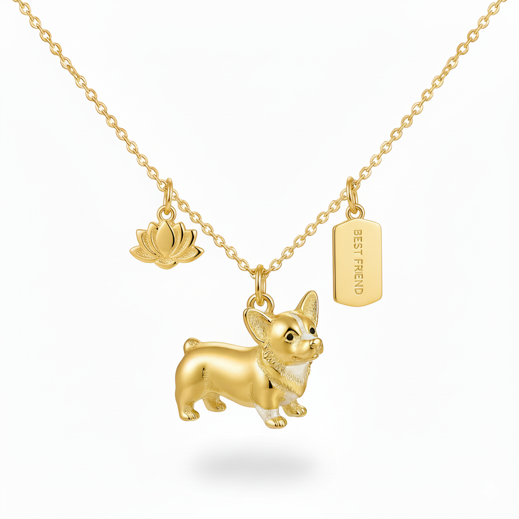 Lovely stainless steel women charm custom golden Corgi dog pendant necklace