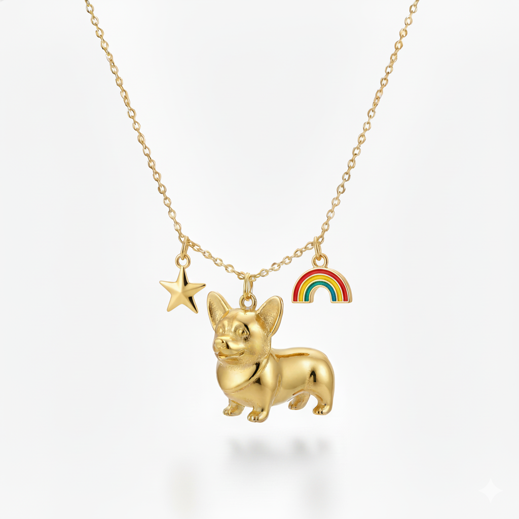 Corgi dog necklace with rainbow and star charms – playful gold stainless steel pendant for women