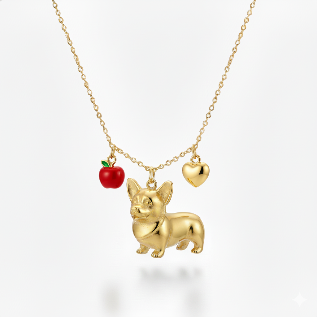 Cute custom stainless steel Corgi dog pendant necklace with red apple and gold heart charms