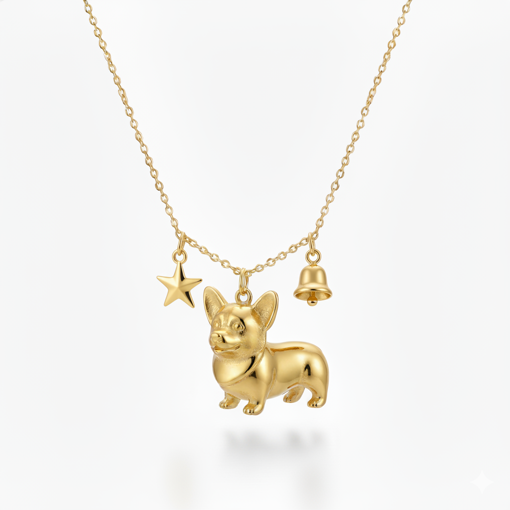 Playful Corgi dog necklace with gold star and bell charms – stainless steel pendant for women